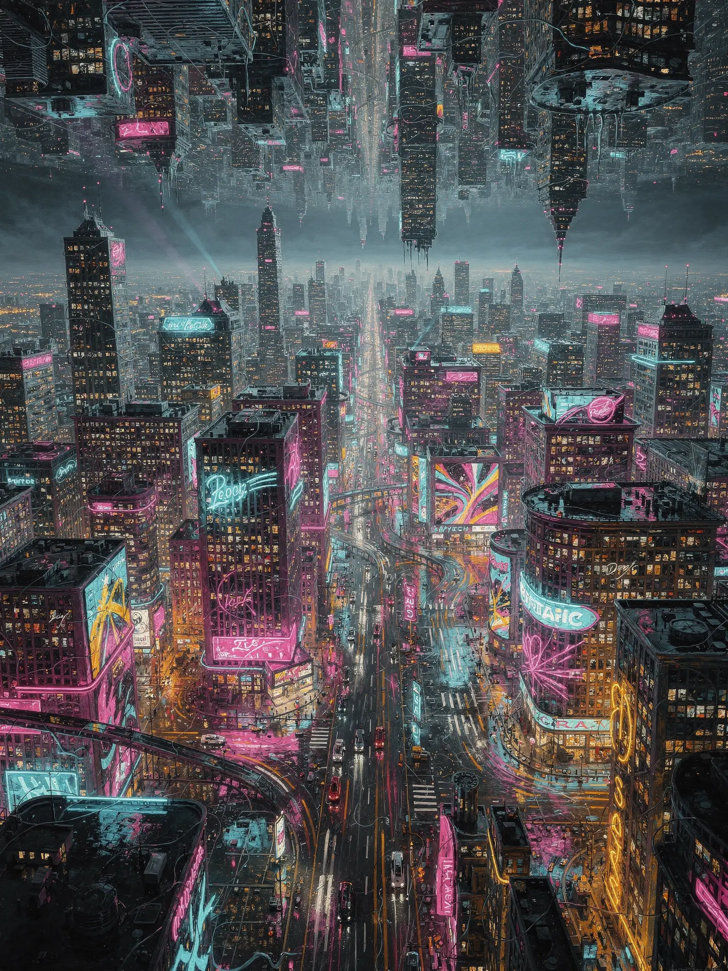 Paysage urbain abstrait vibrant avec néons et profondeur