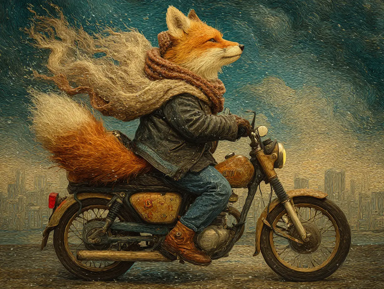 Renard à moto à travers un paysage urbain sous la pluie