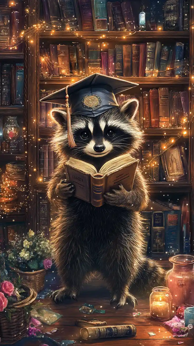 Procione laureato con libro in una biblioteca magica