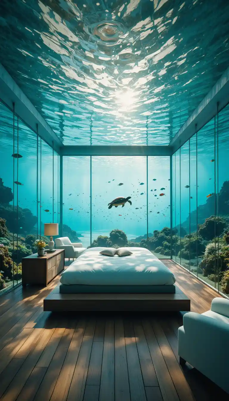 Quarto de vidro subaquático com recife de coral e tartaruga marinha