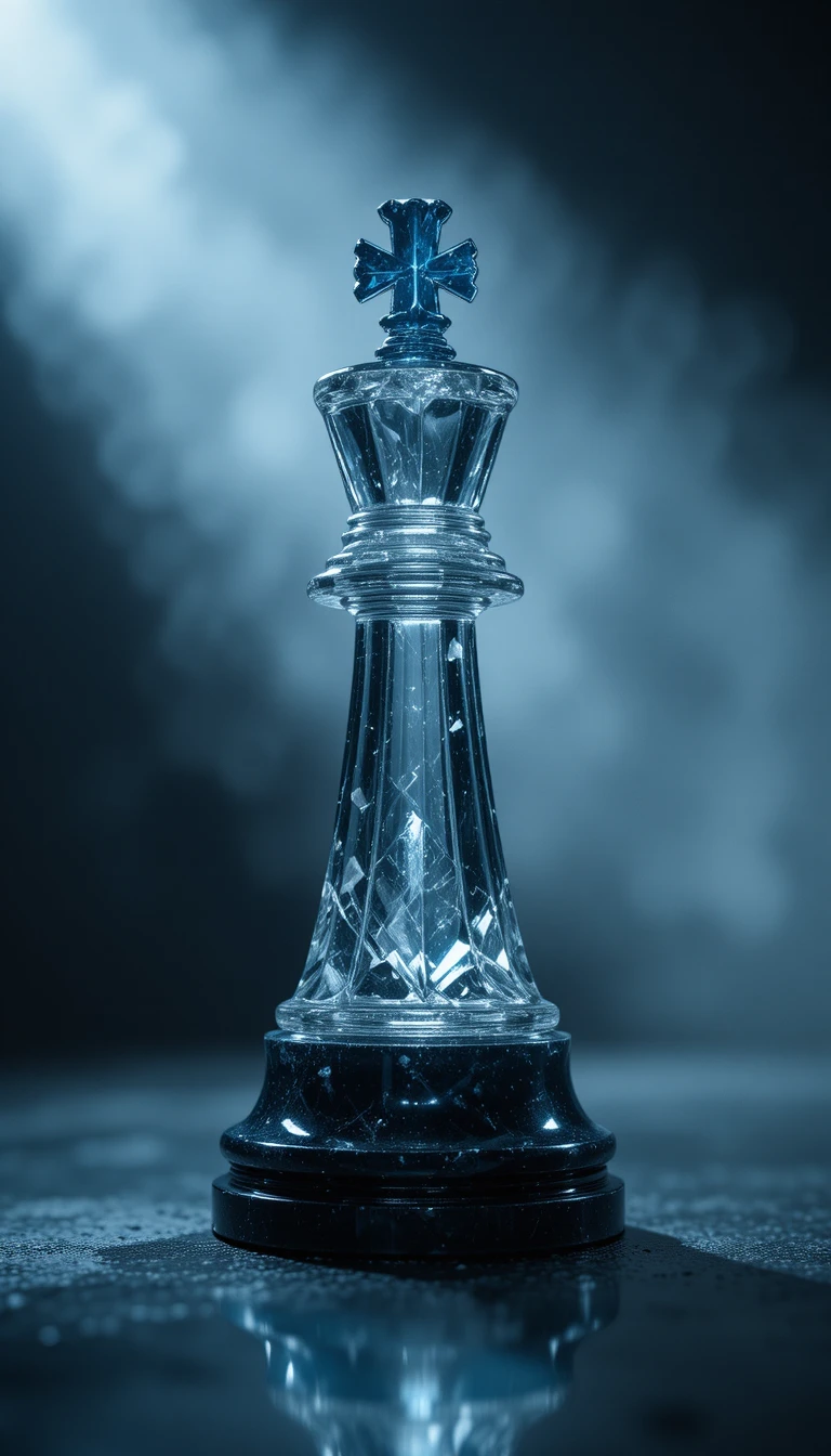 Crystal chess king under dramatic top spotlight