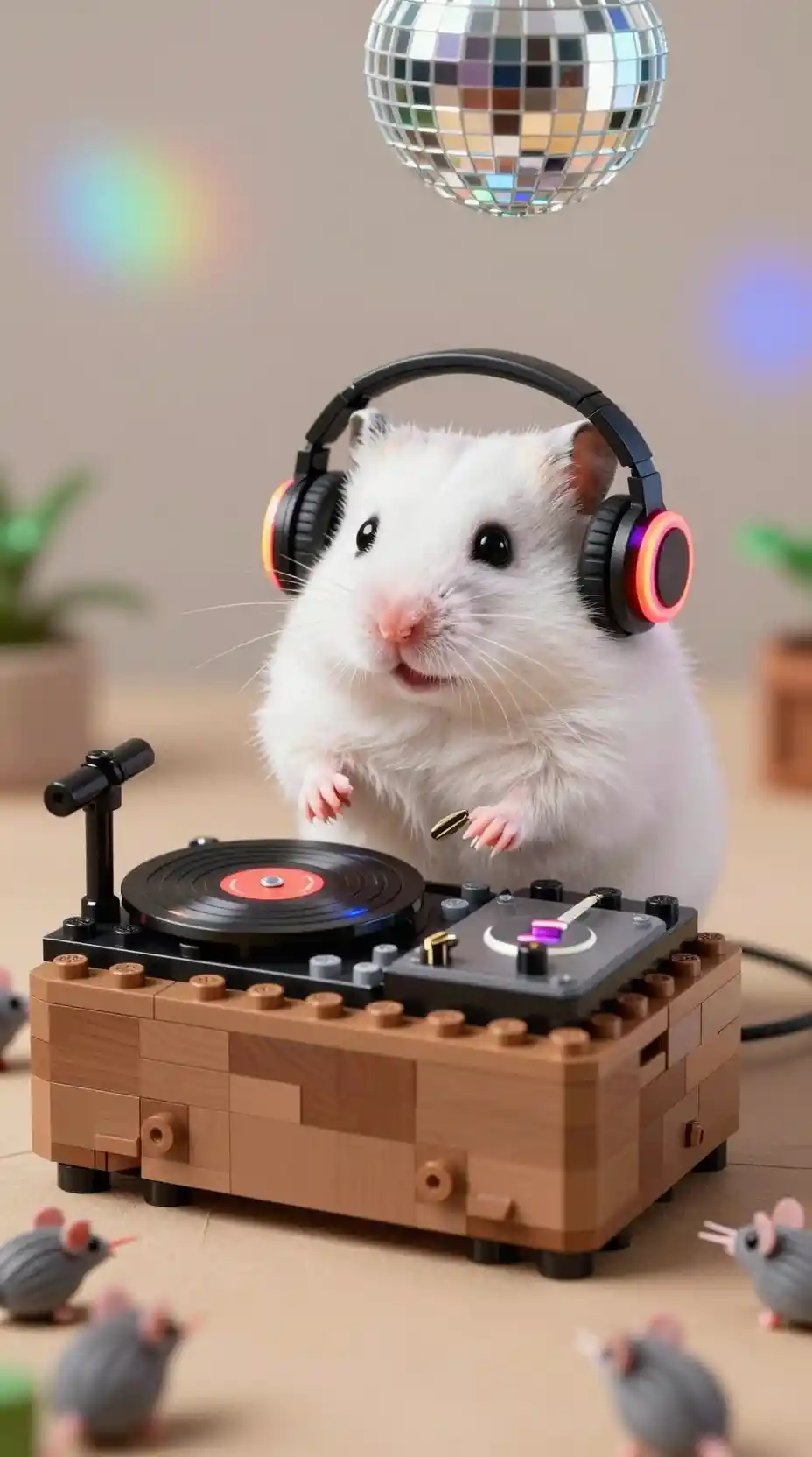 Piccolo criceto DJ che mixa dischi sotto una palla da discoteca