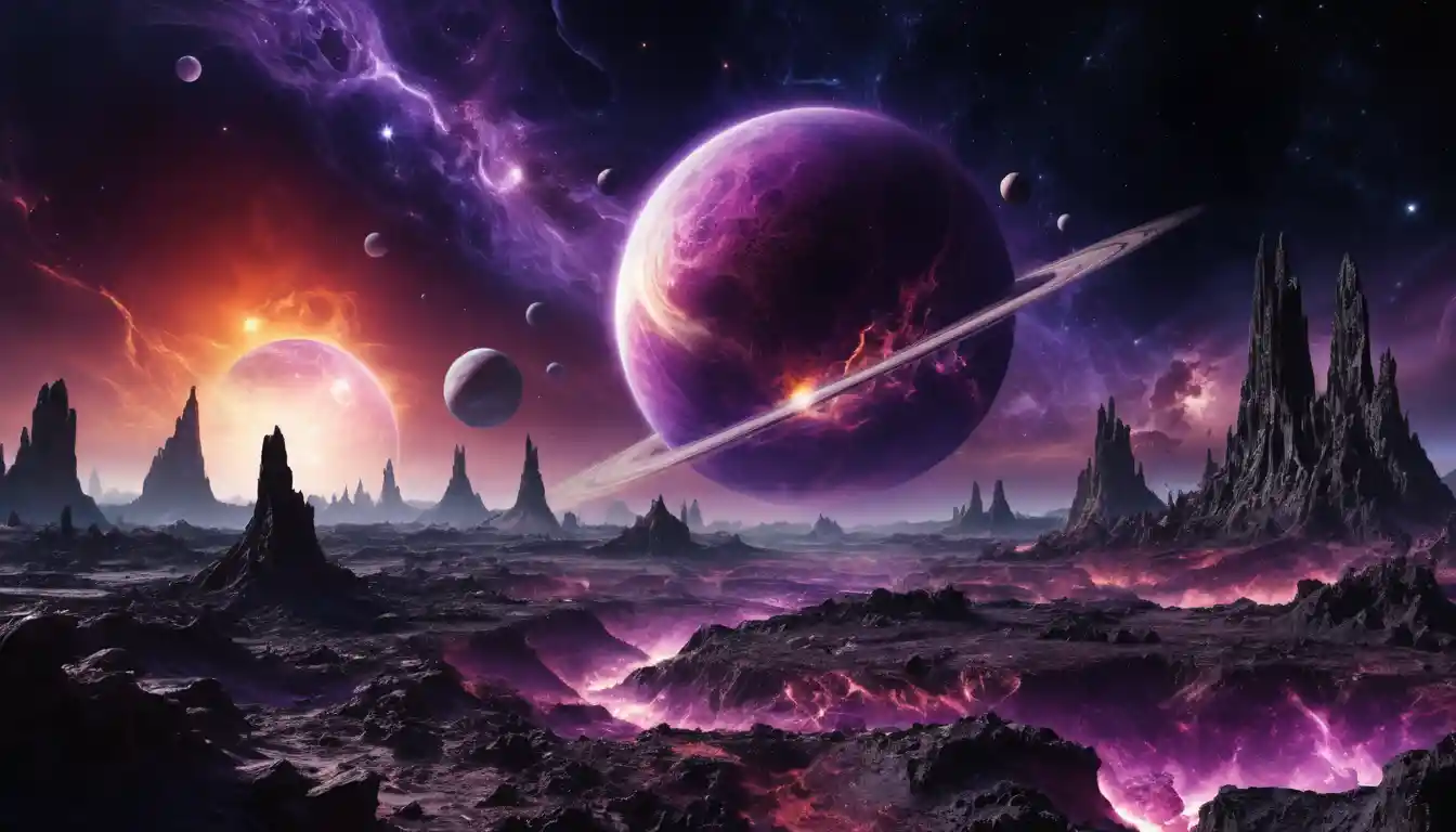 Purple planet breaking apart in deep cosmic space