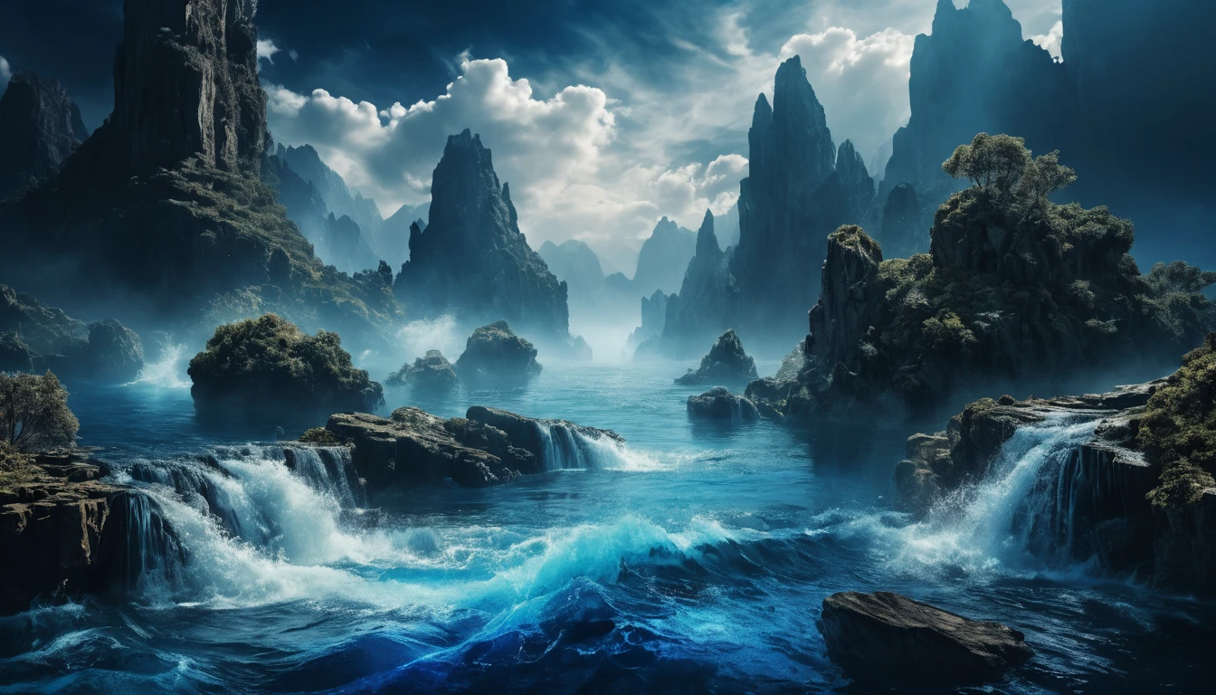 史詩奇幻水景與磅礡傾瀉的湛藍水流