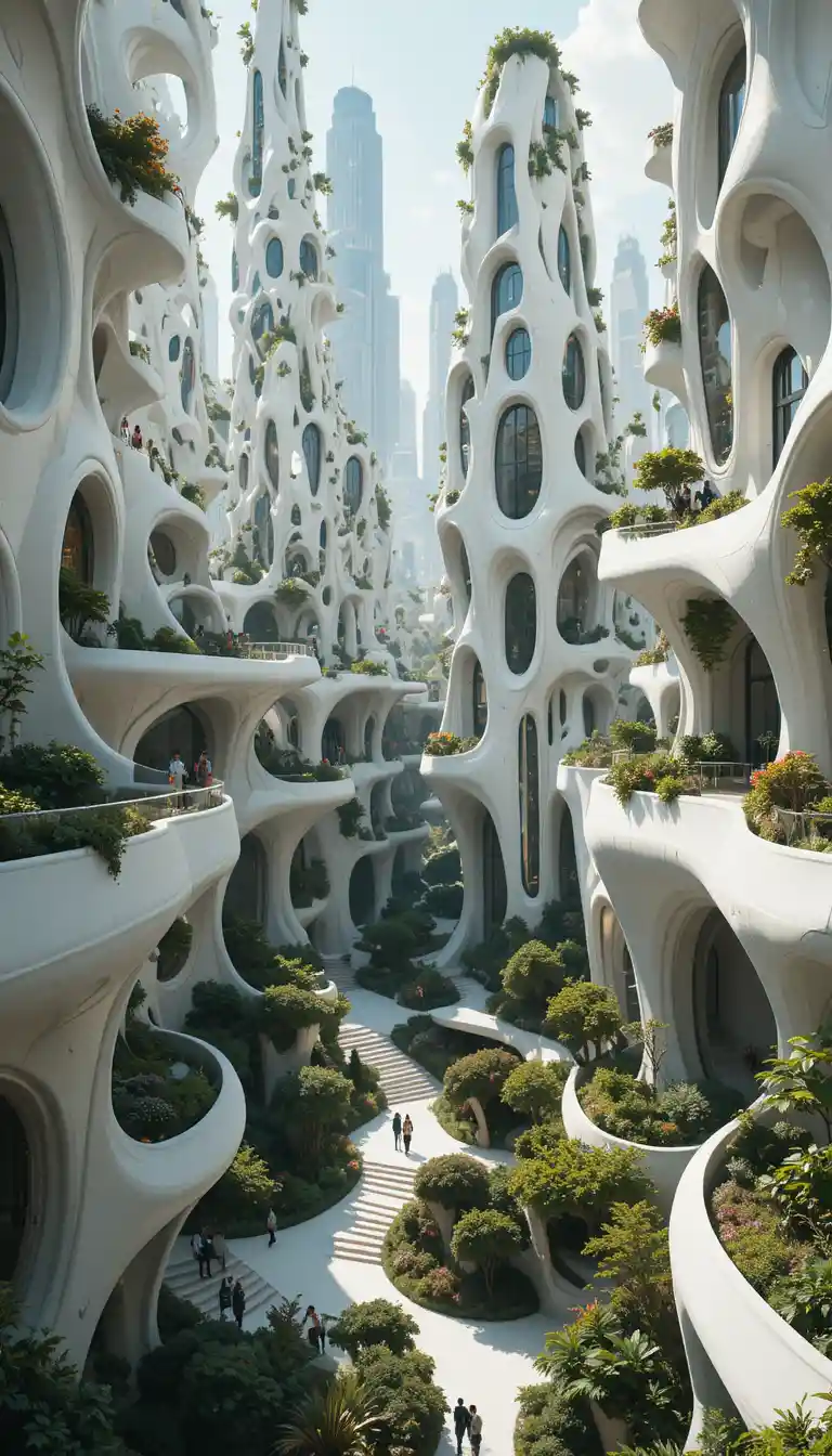 Cidade futurista branca com arquitetura orgânica e parque na cobertura