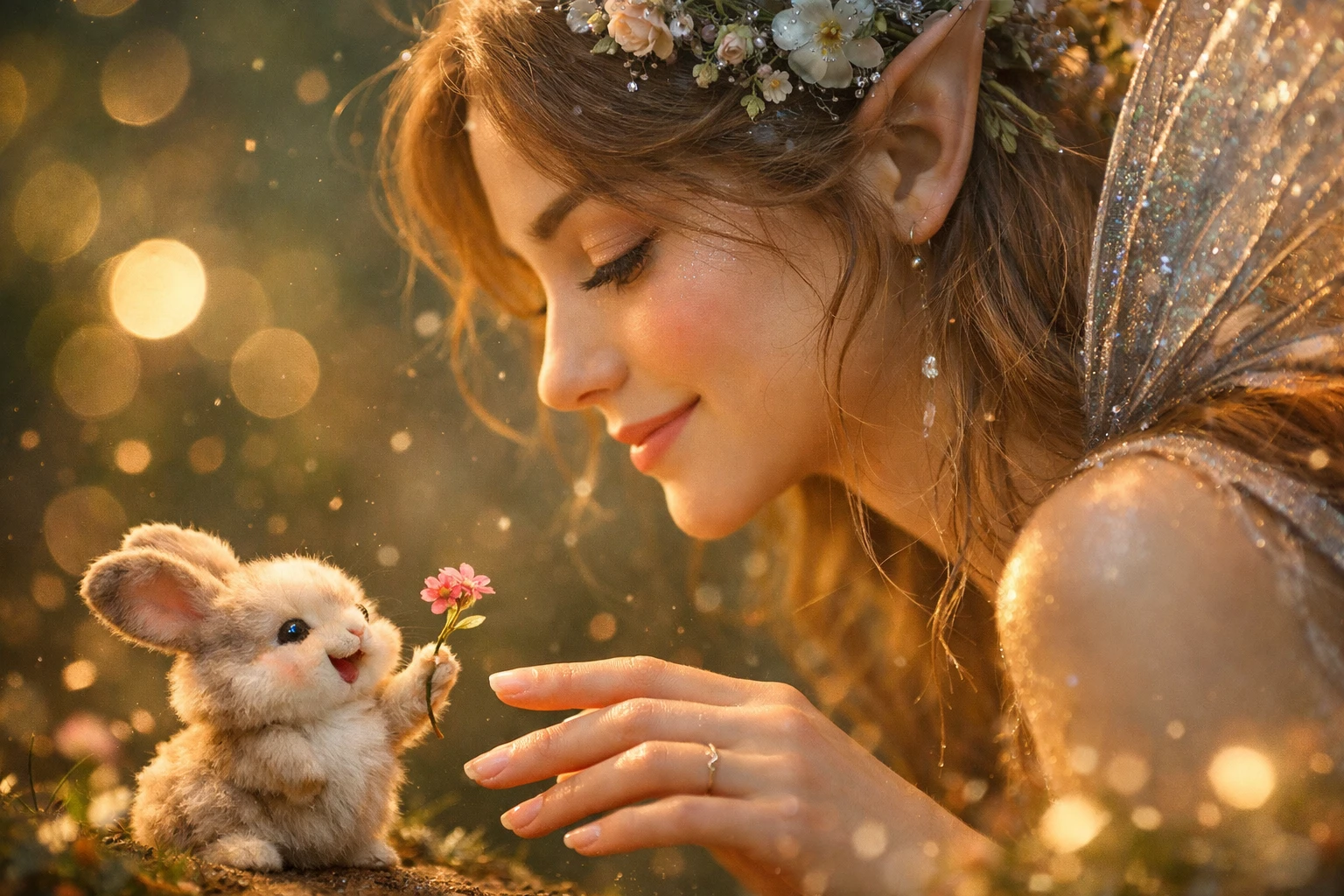Fairy girl sharing a tender moment with a tiny rabbit
