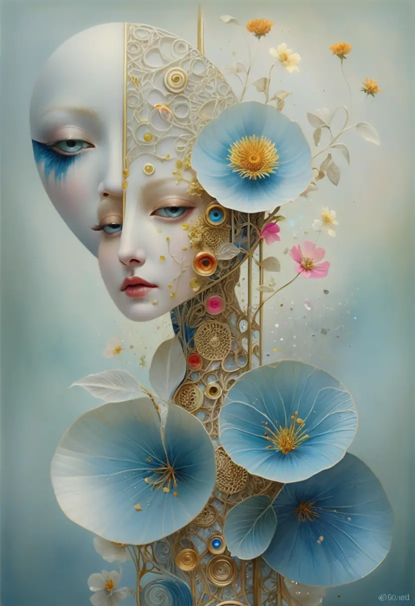 Portrait surréaliste divisé d’une femme éthérée avec couronne florale
