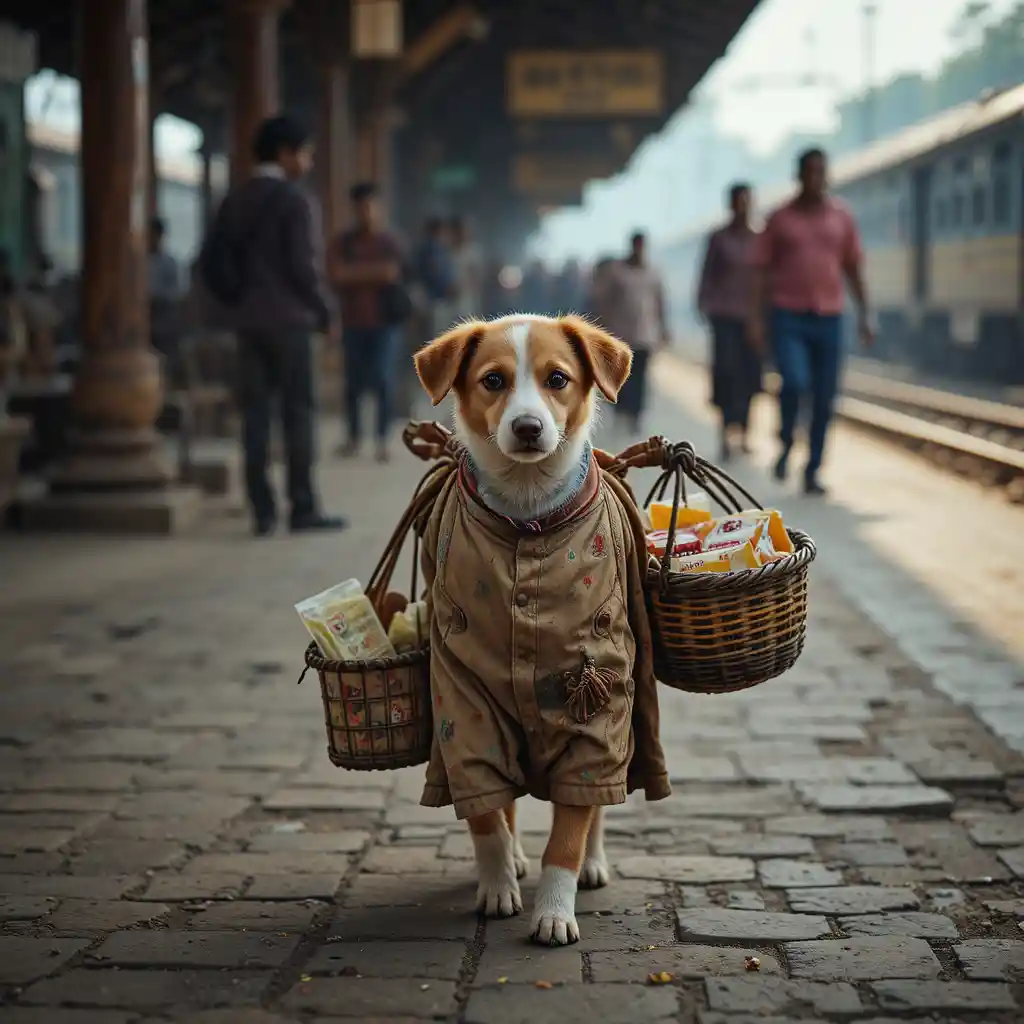 Puppy Street Vendor On An Indian Railway Platform