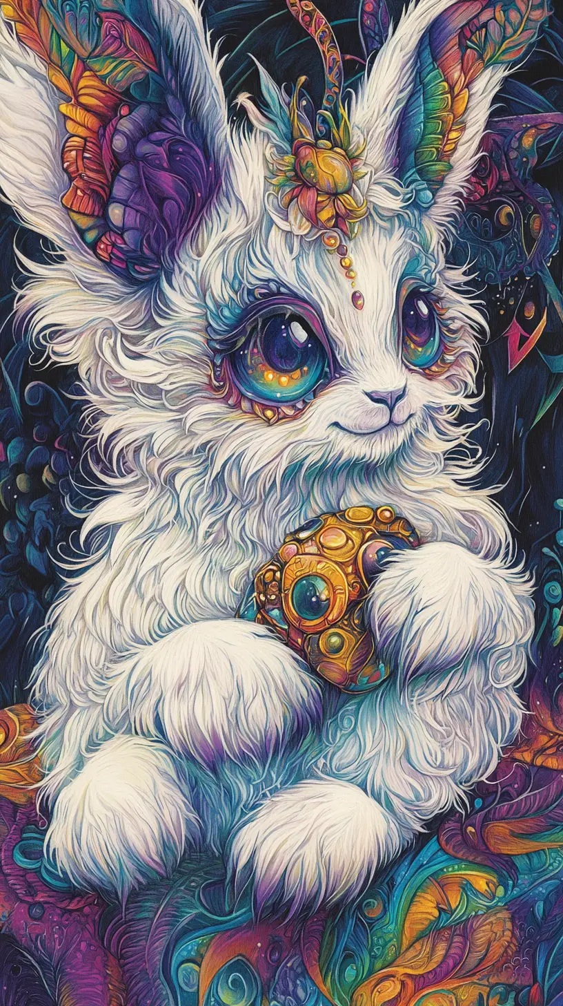 Piccola creatura bianca fantasy che tiene in mano uno scarabeo d’oro luminoso