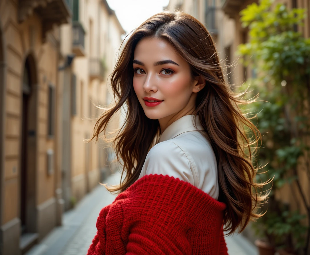Cheerful woman turning back on historic Milan street