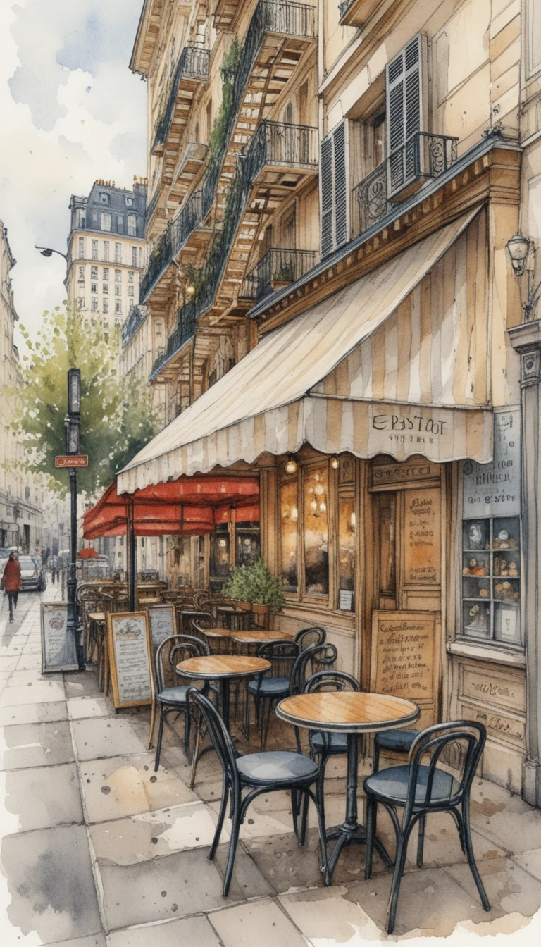 Café de rua em Paris com ilustração em aquarela arquitetônica detalhada