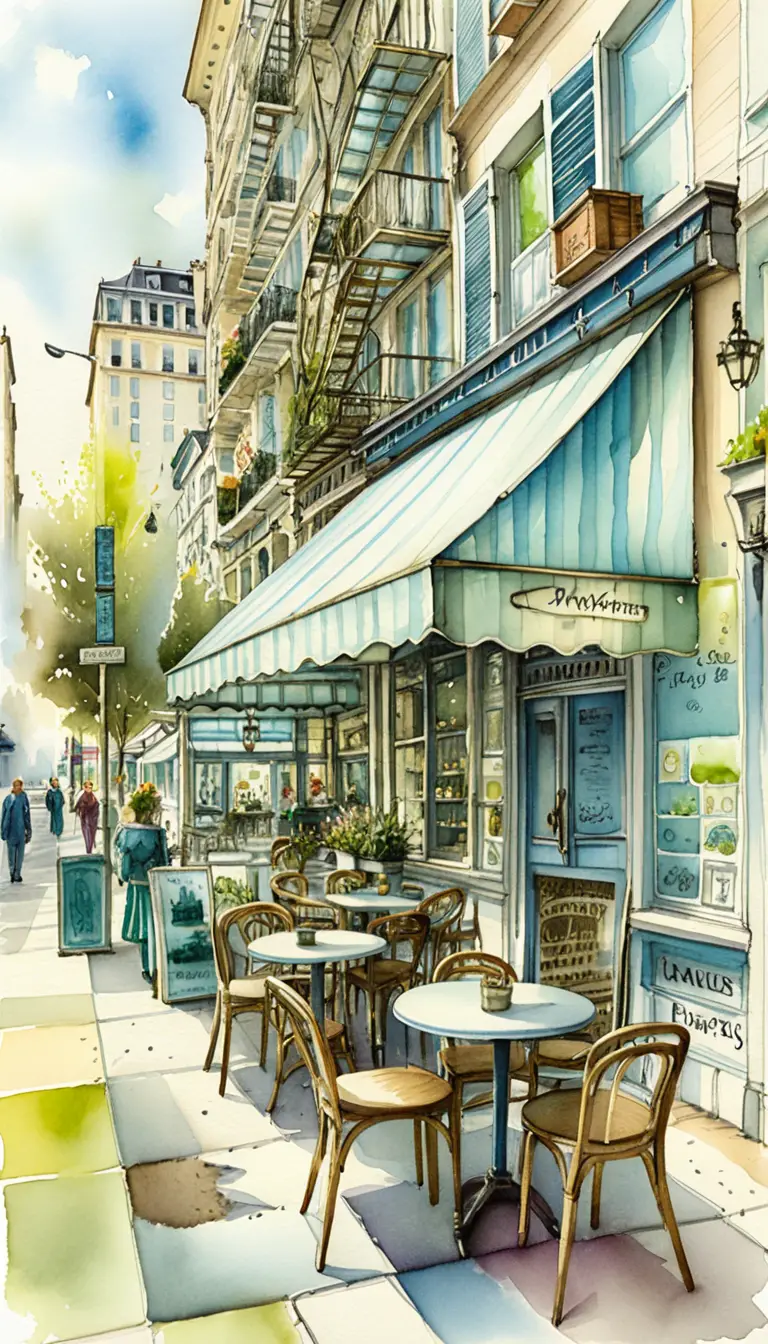 Café de rua em Paris com ilustração arquitetônica em aquarela