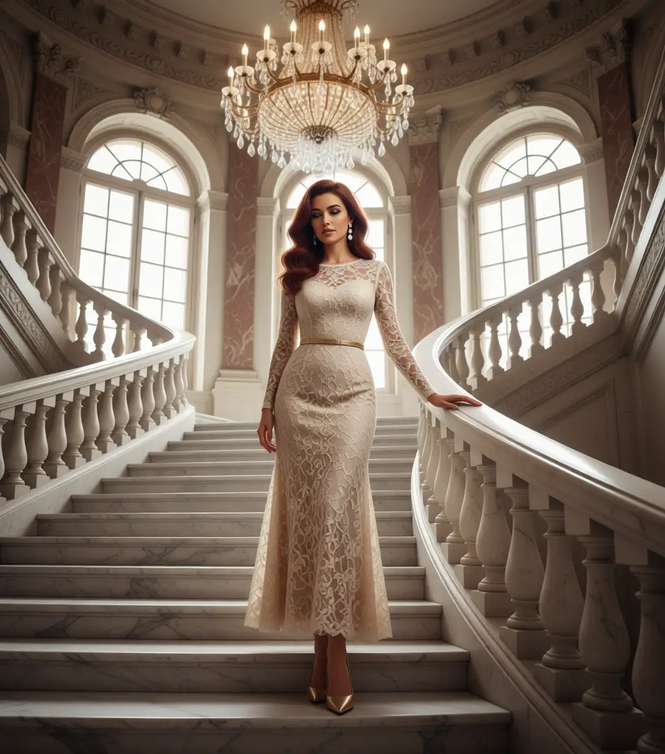Mulher elegante posando na grande escadaria de mármore de uma mansão