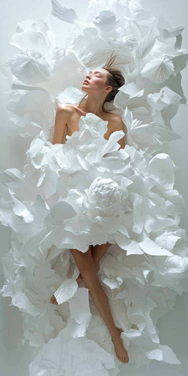 Mulher de moda surreal entre papel escultural sobre telas pintadas