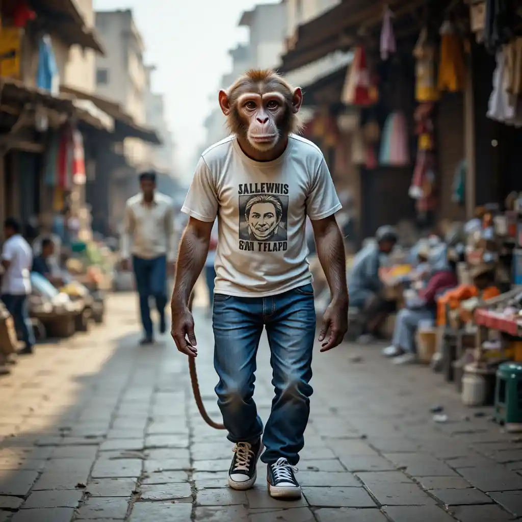 Monkey in human clothes walking through Indian street market