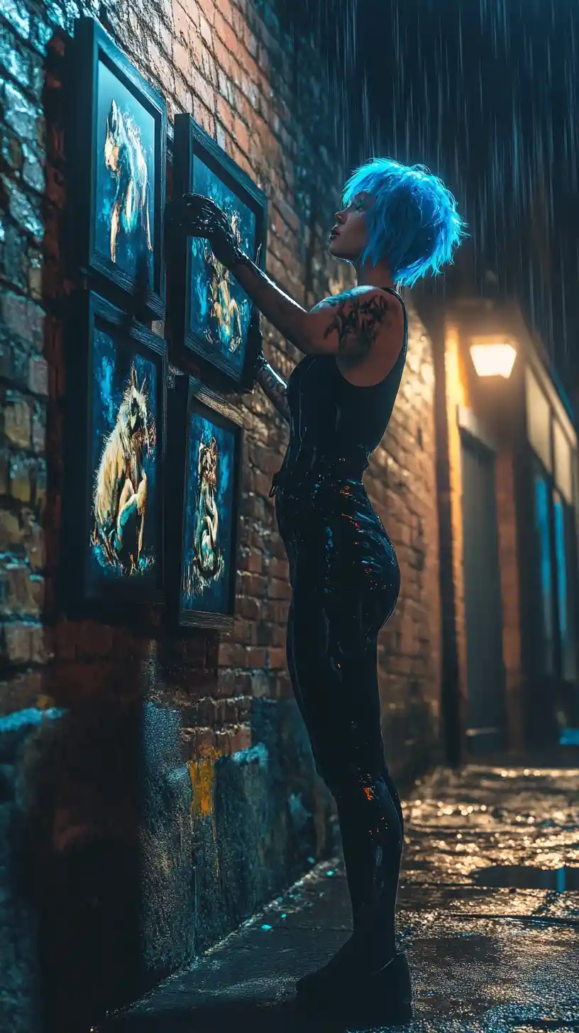 Blue haired artist hanging glowing animal frames at night