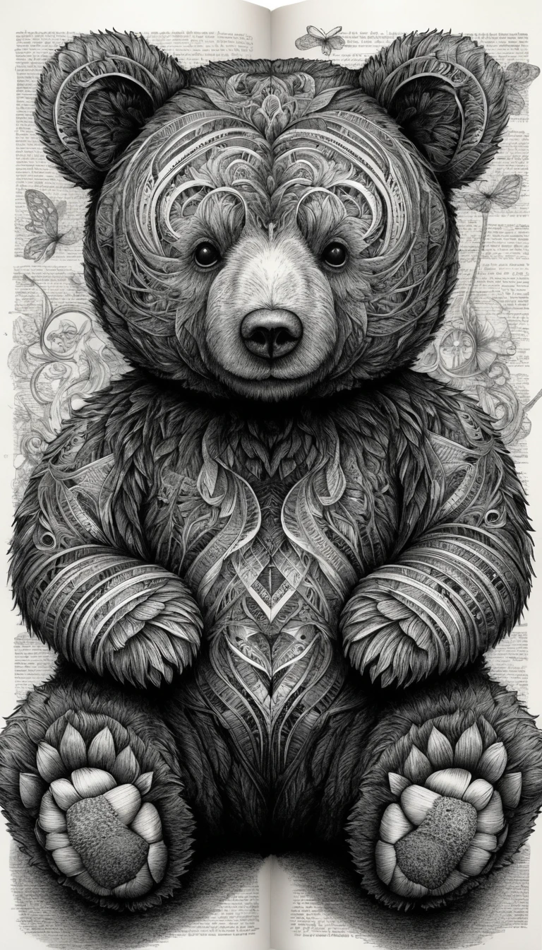 Orsetto di Peluche a Inchiostro Intricato Formato da Elementi di Libri Impilati