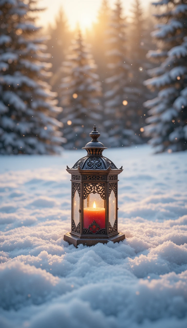 Lanterne en bronze avec bougie cramoisie brillant dans la neige d’hiver