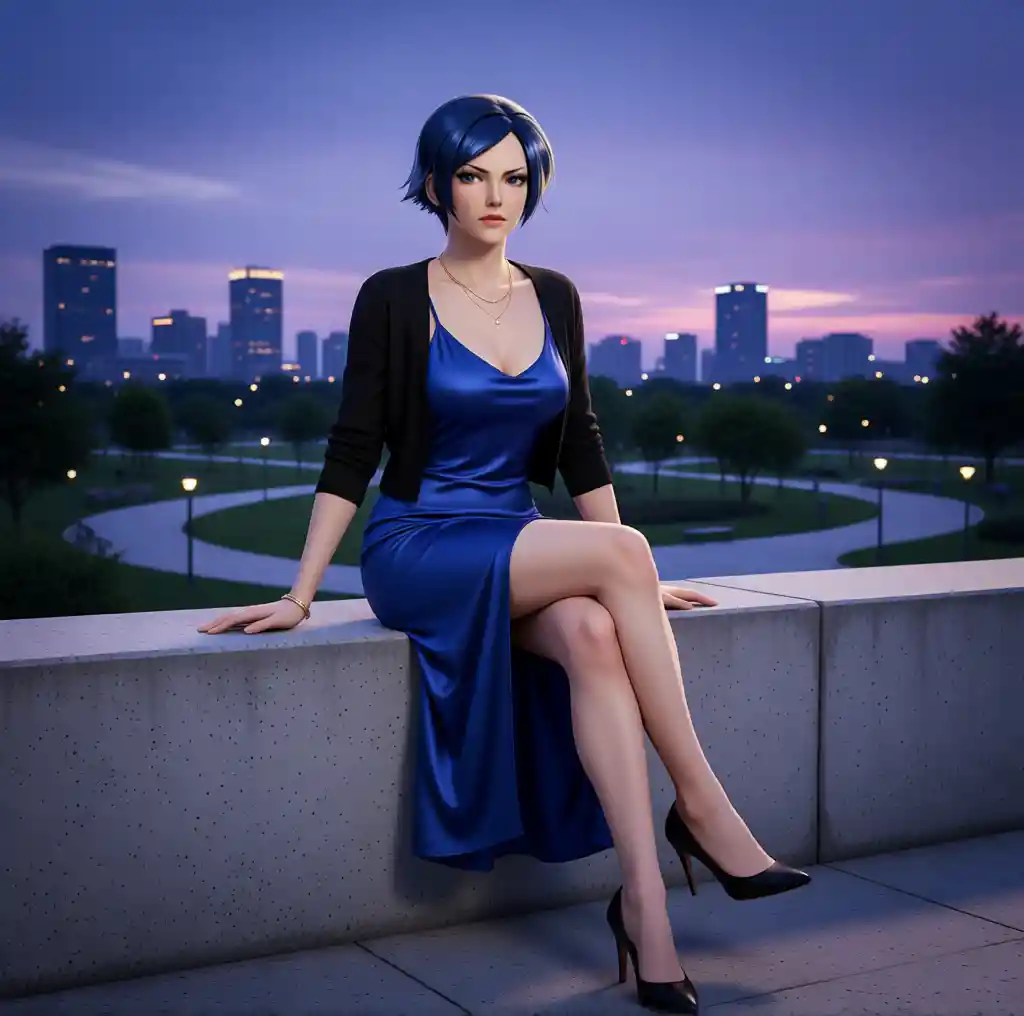 Woman in blue dress sitting by urban park at dusk