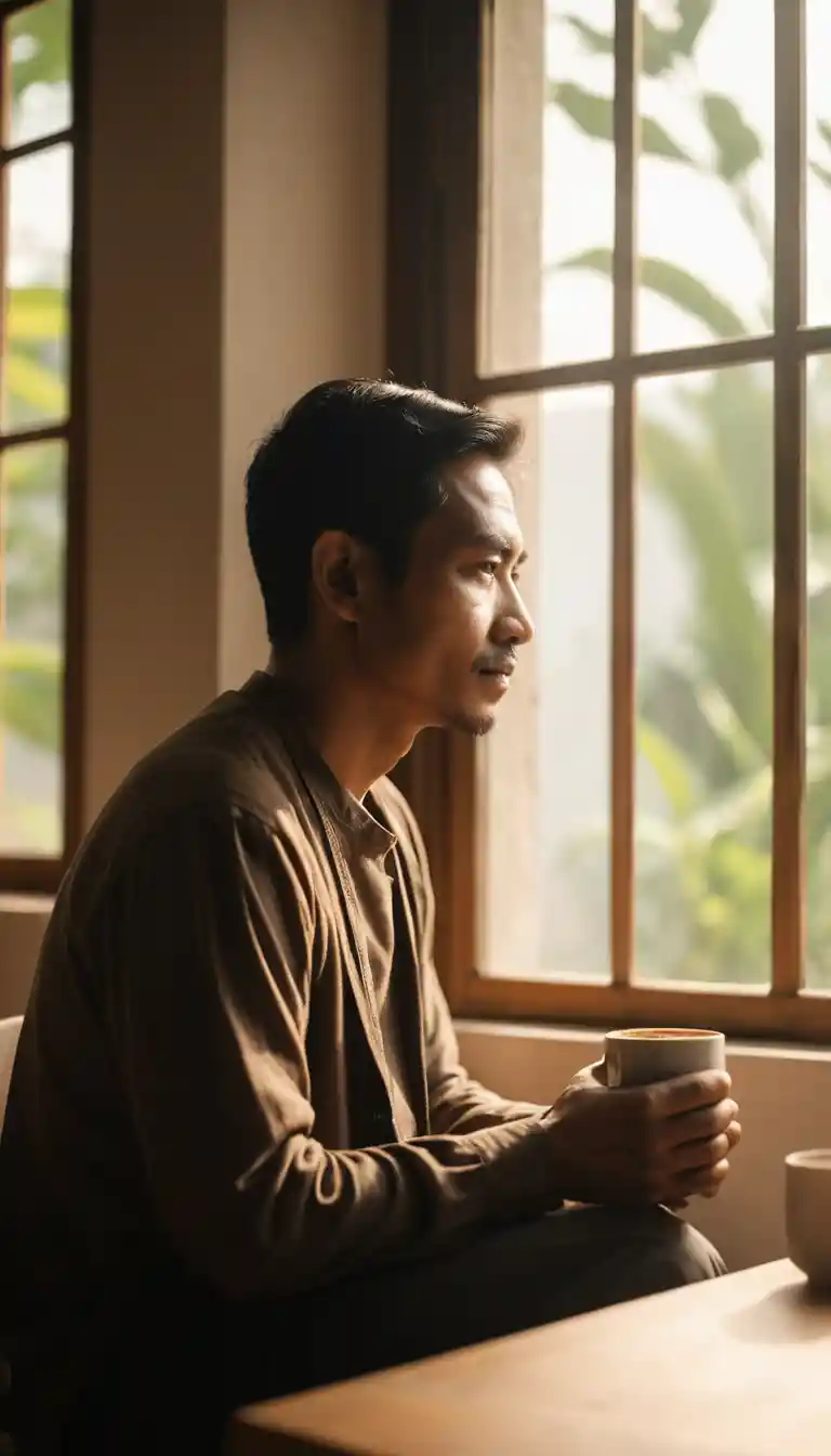 Indonesian man with morning coffee by a sunlit window