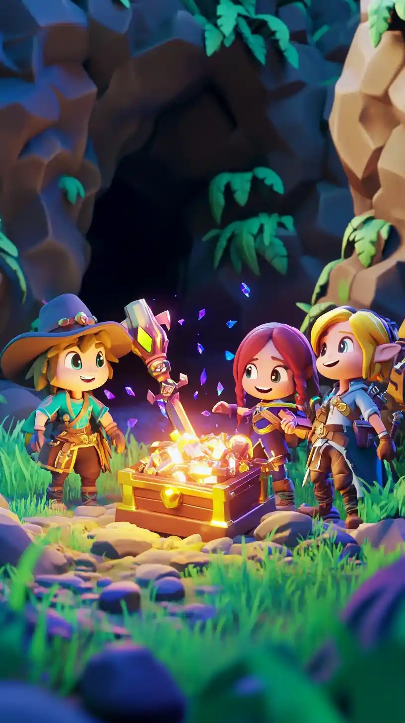 Chibi-Abenteurer mit Schatztruhe am Eingang einer Höhle