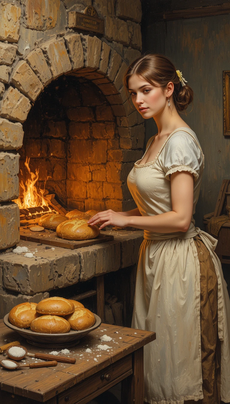 Young woman baking bread in a rustic firelit kitchen