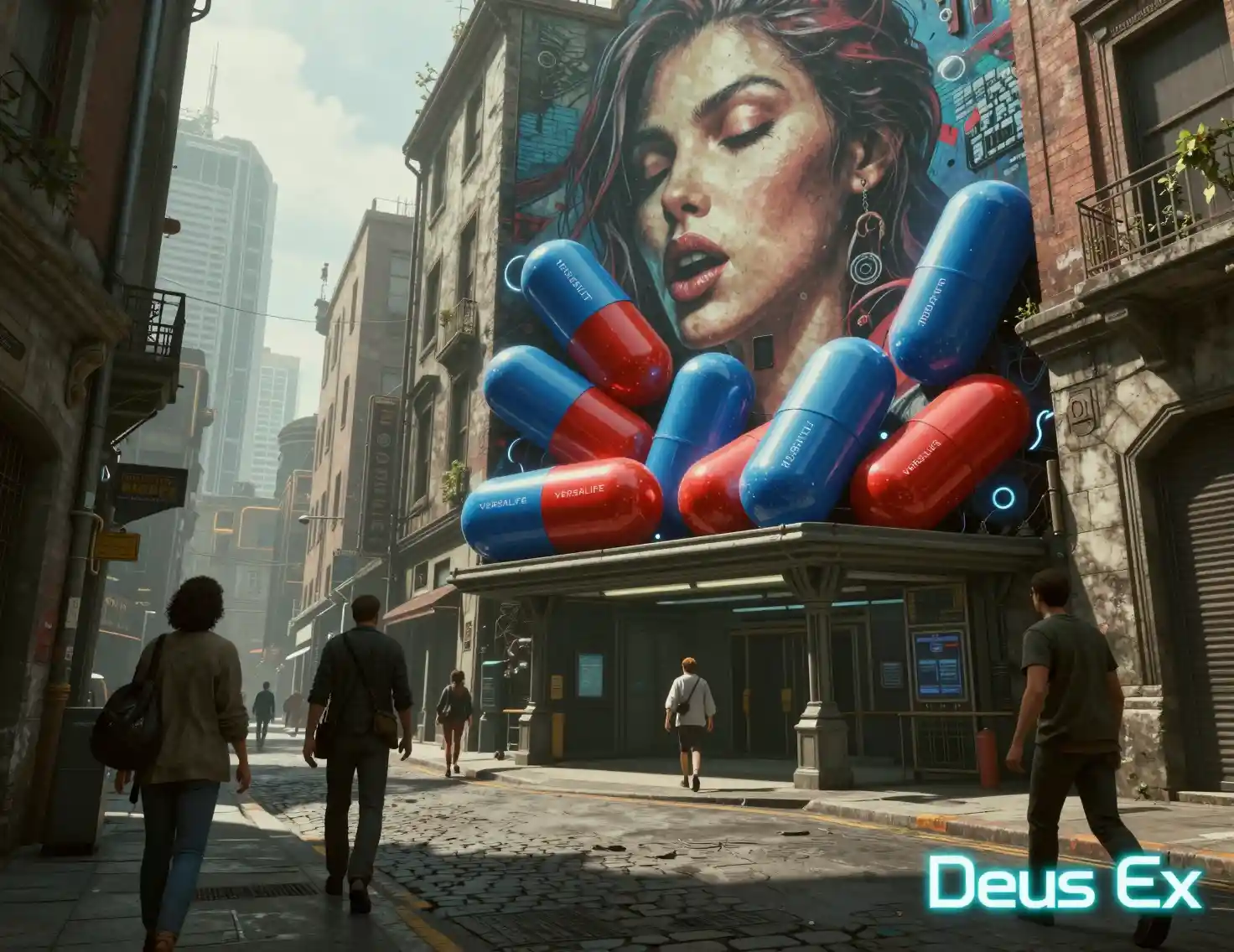 Cápsulas futuristas sobre mural em rua estreita da cidade
