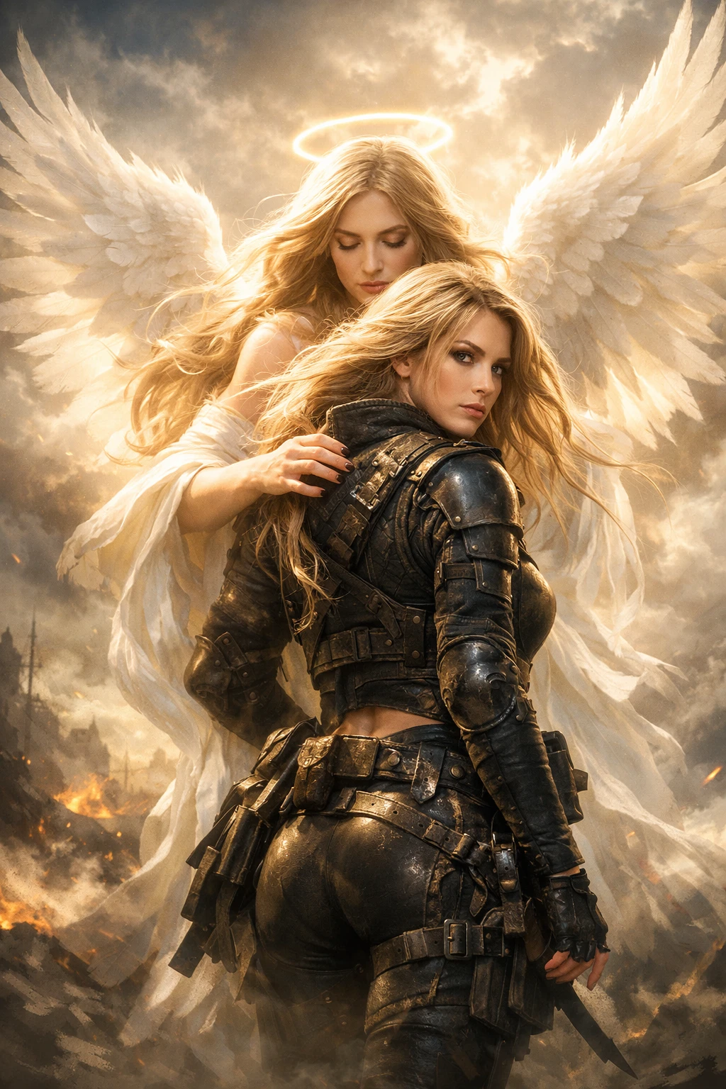 Blonde warrior woman guarded by a radiant angel