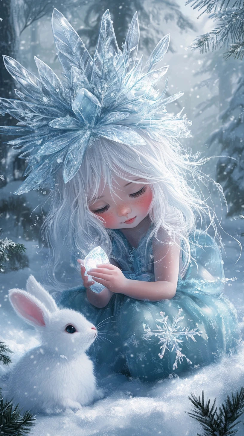 고요한 숲 공터의 눈토끼와 겨울 요정 아이