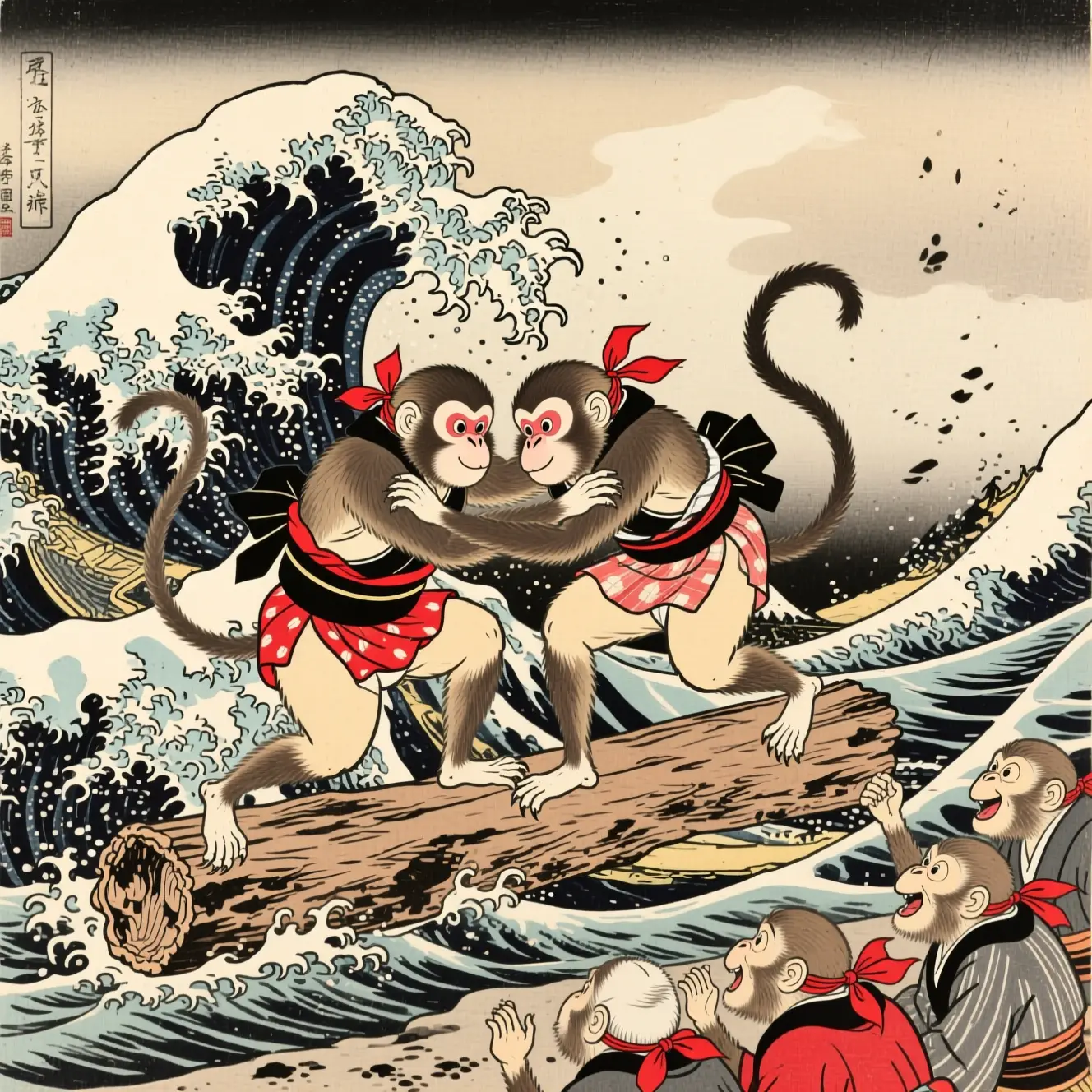 Due scimmie in kimono che fanno sumo sulle onde del mare in movimento