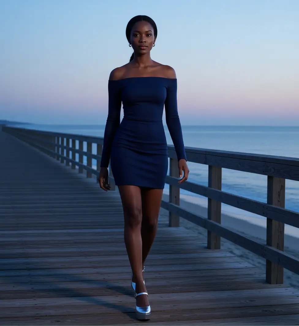 Femme marchant sur une promenade côtière en début de soirée