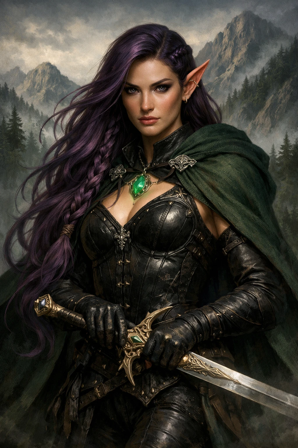 Fierce elven warrior woman in misty mountain forest