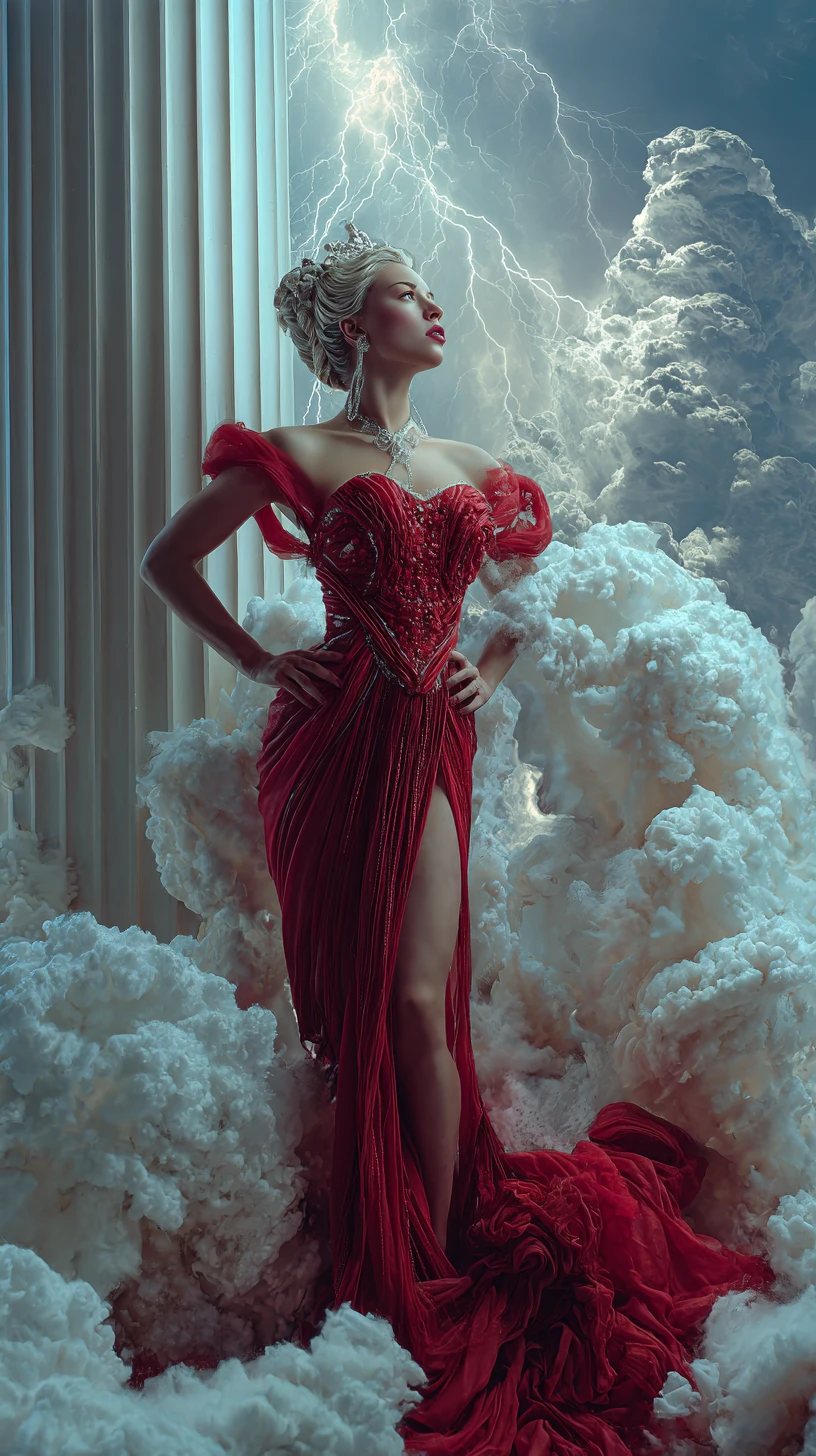 Imperatriz femme fatale de fantasia em paisagem surreal de pilares luminosos