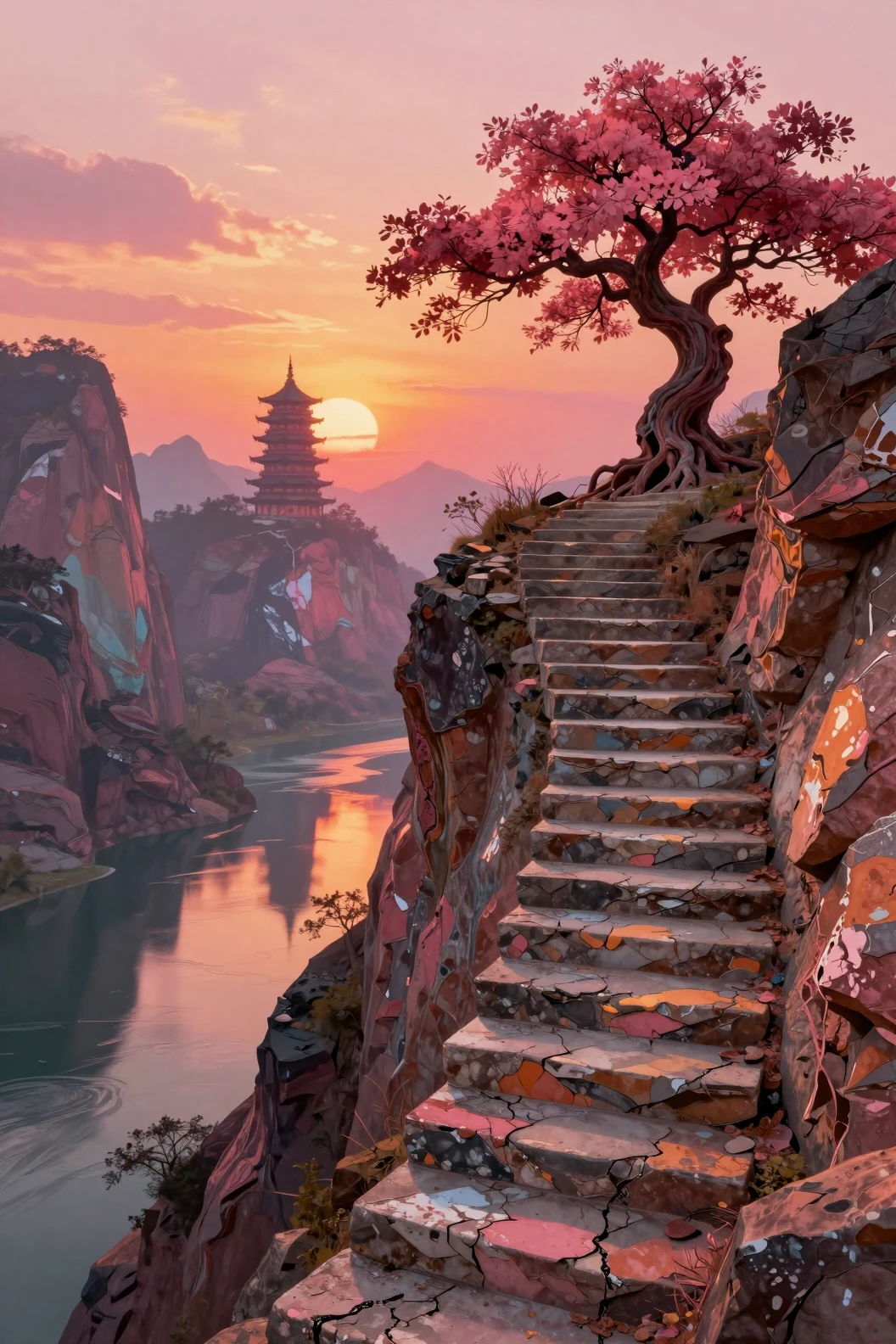 Escalier de pierre vers un arbre solitaire au-dessus de montagnes au coucher du soleil