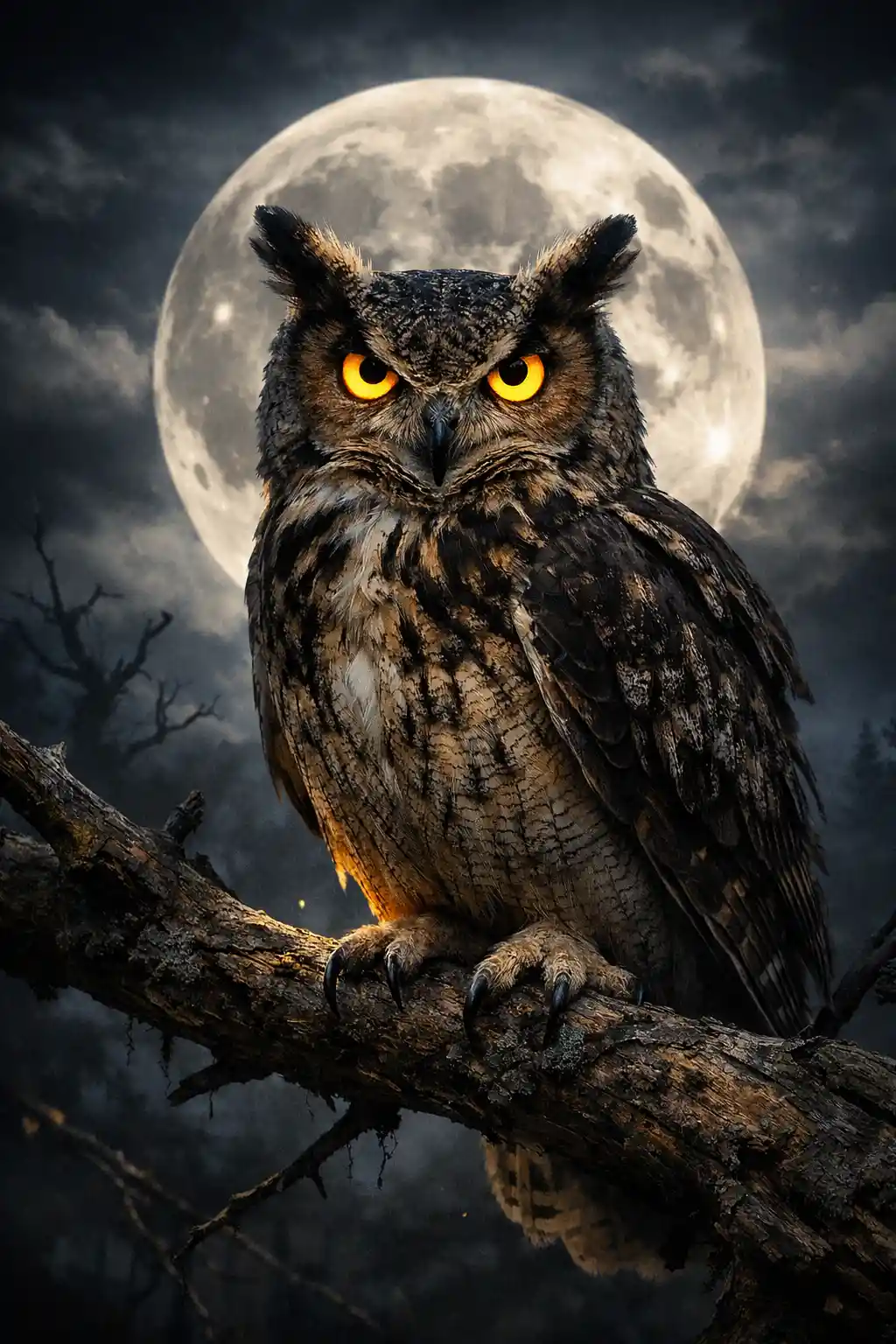 Wise owl perched before a glowing full moon at night