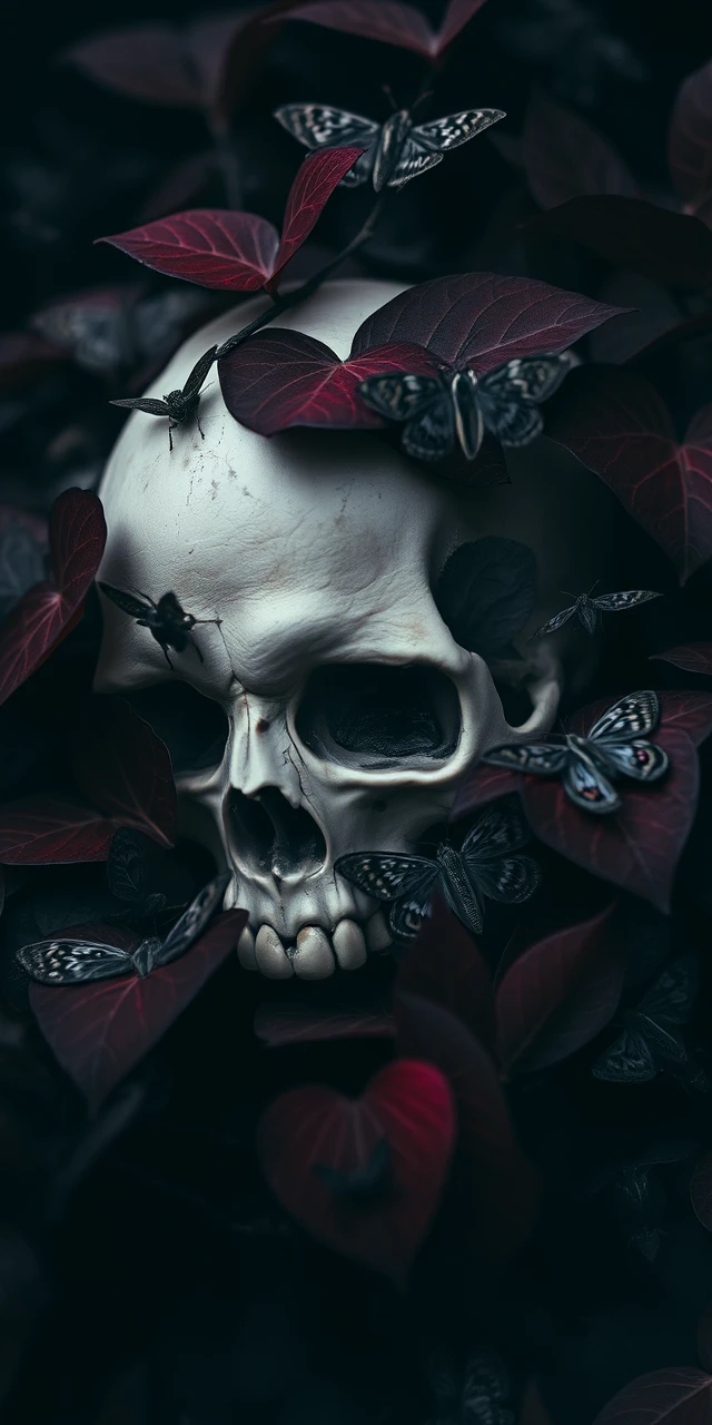 Crâne humain avec papillons de nuit et feuilles sombres en forme de cœur