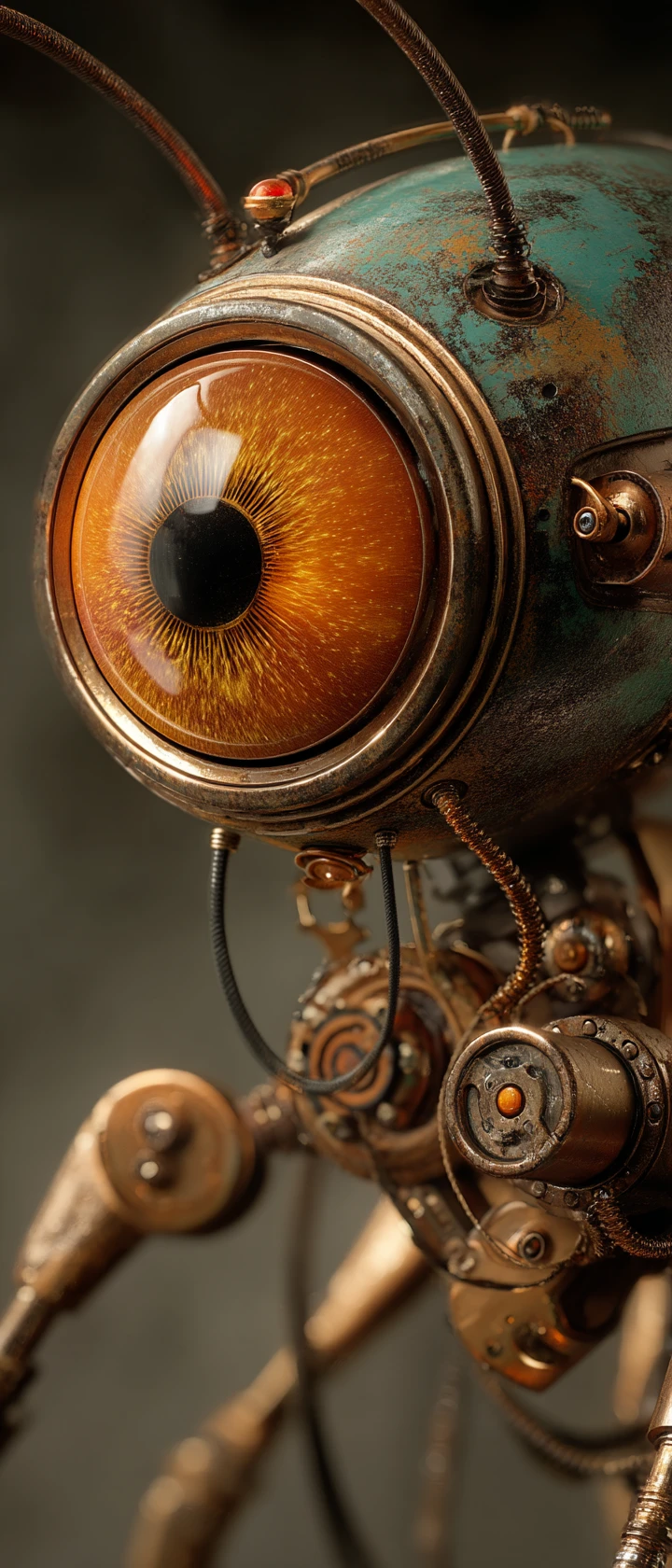 Steampunk-biomechanischer Spinnenkopf mit leuchtendem Einzelauge