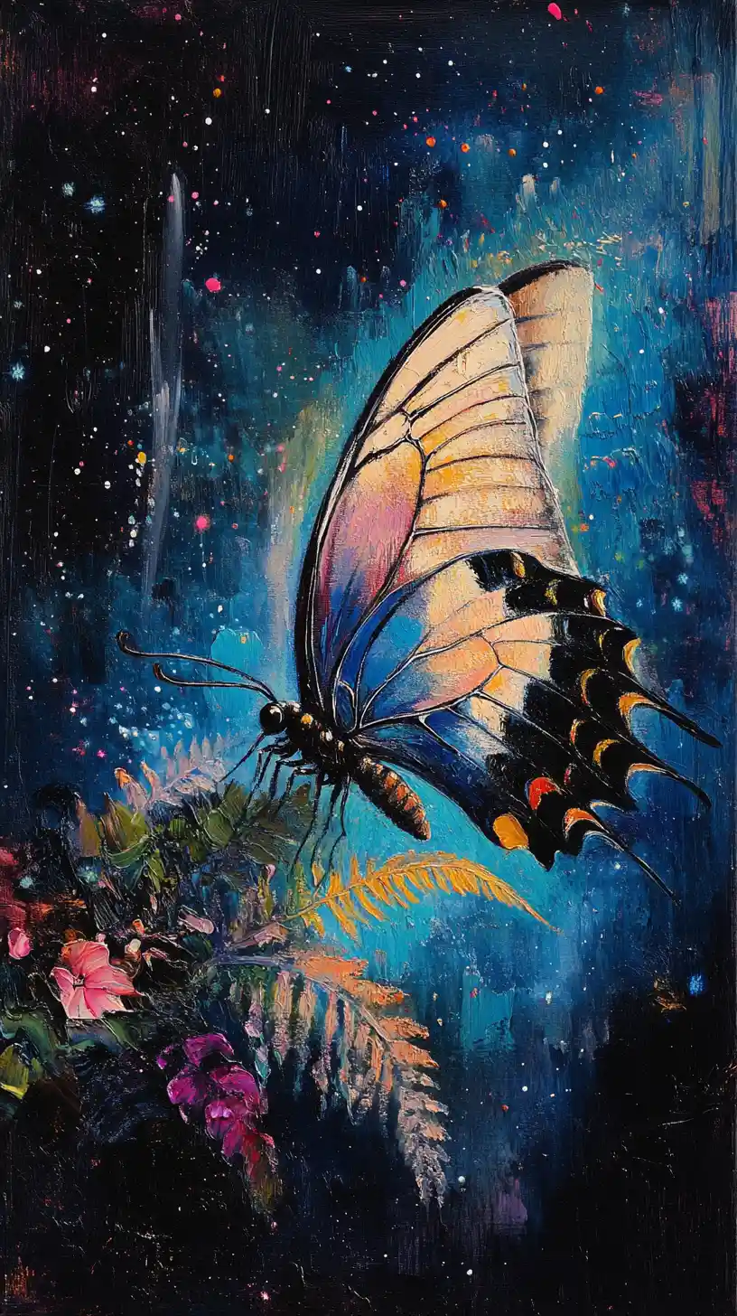 Peinture mystique de papillon sur un ciel nocturne étoilé et vibrant