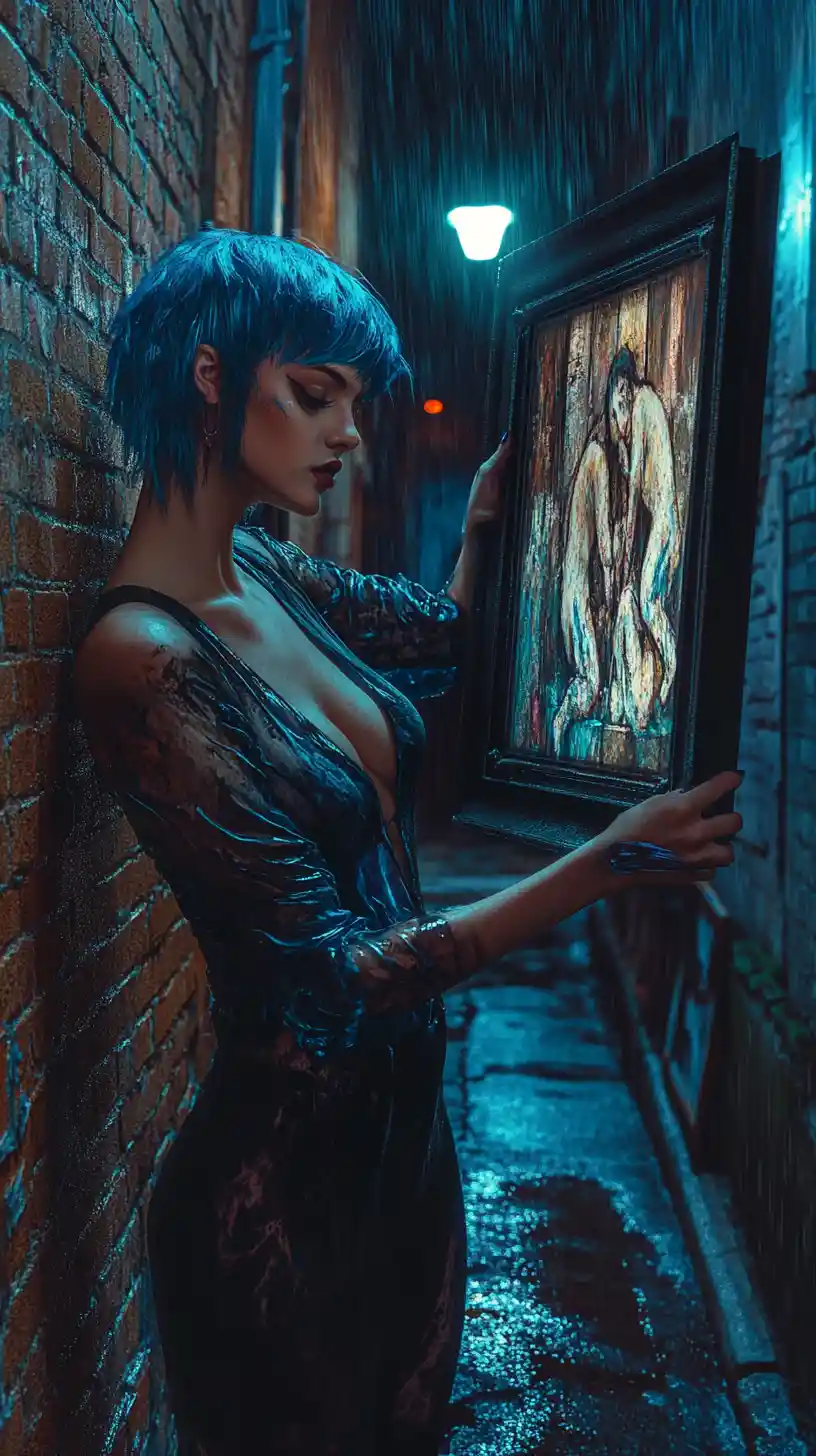 Artista de cabelo azul pendura arte em vidro brilhante à meia-noite