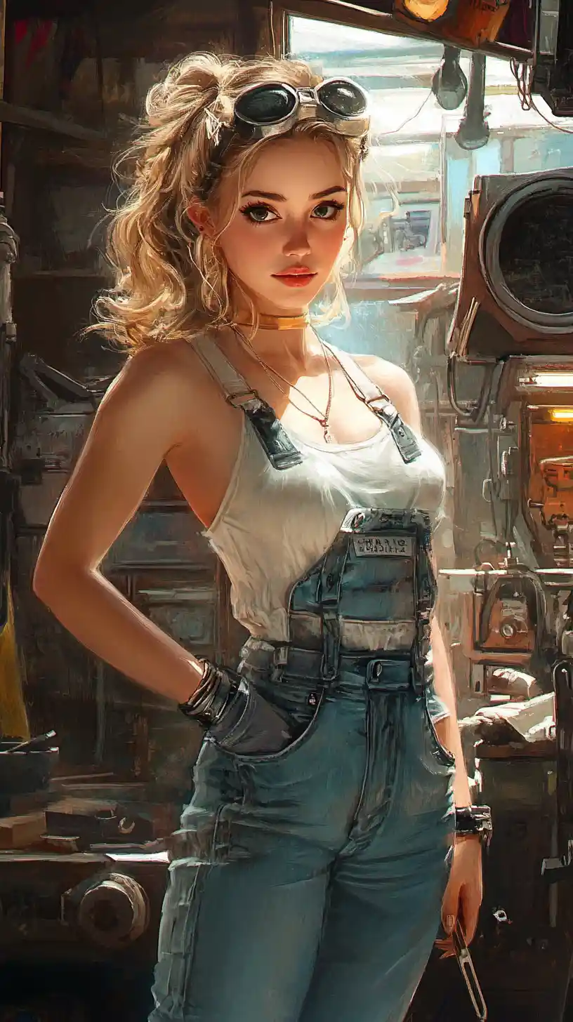 Ragazza meccanica fantasy in un'officina urbana di auto steampunk
