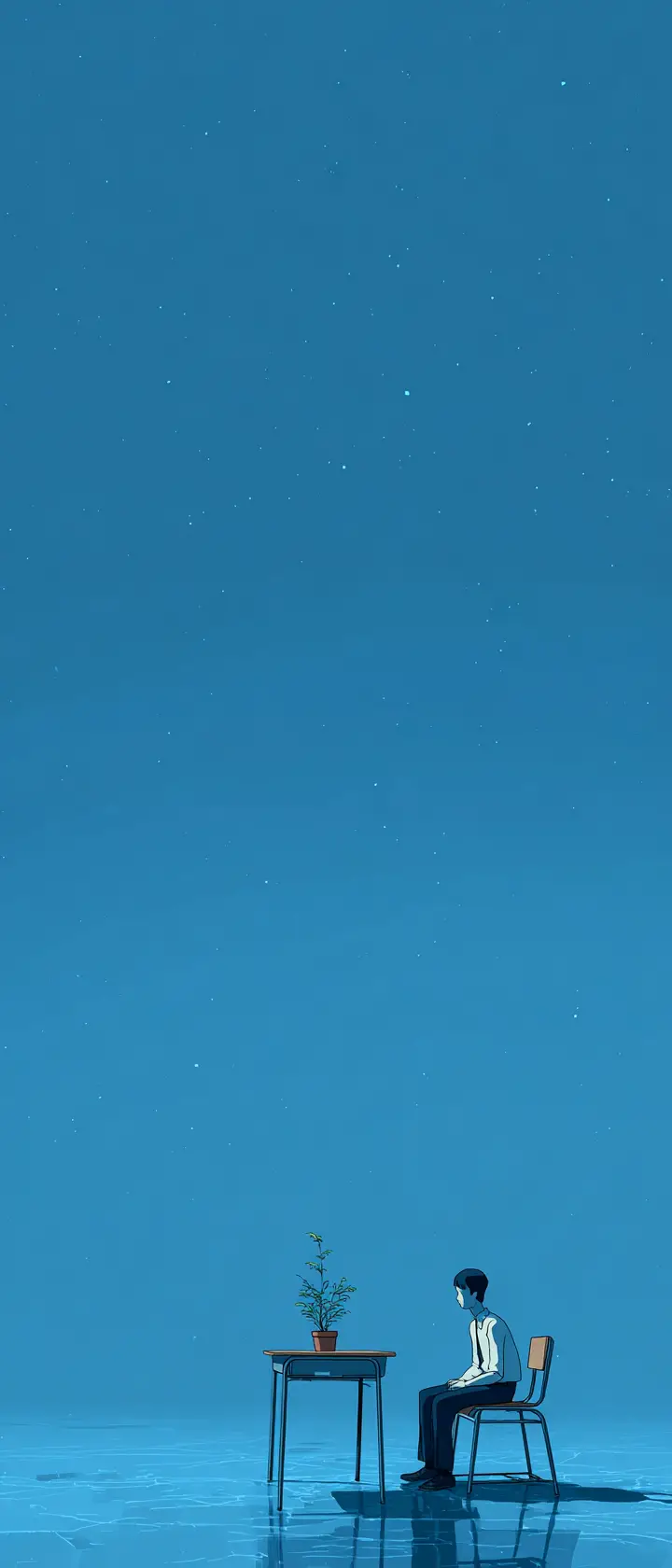 無盡藍色虛空中坐在課桌前的學生
