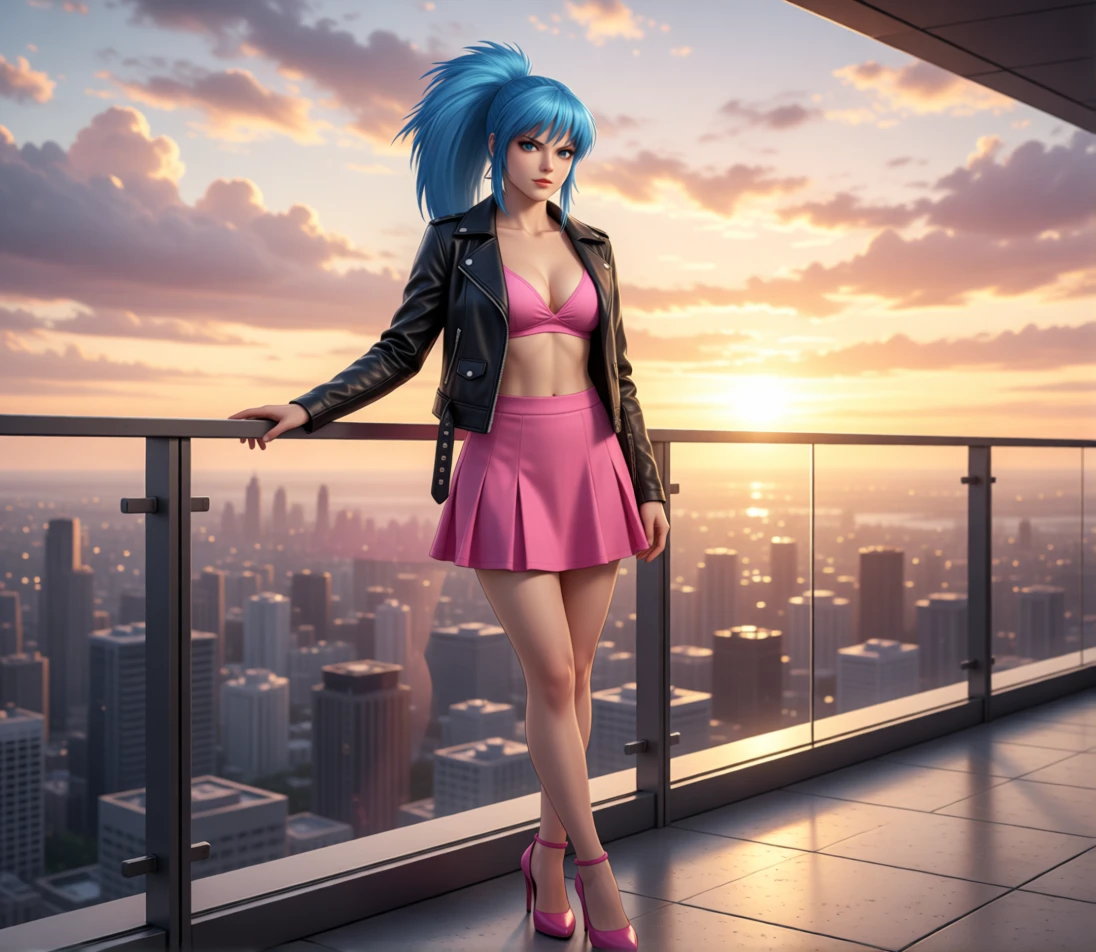 Giovane donna in outfit rosa su balcone cittadino al tramonto