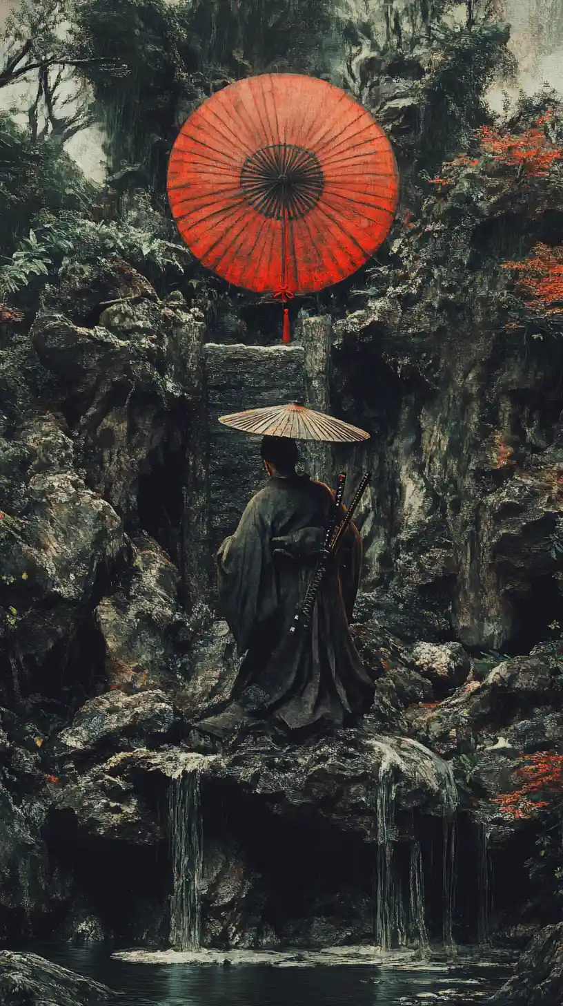 Samurai surreal em uma cena sombria de fantasia de conto de fadas ilusória