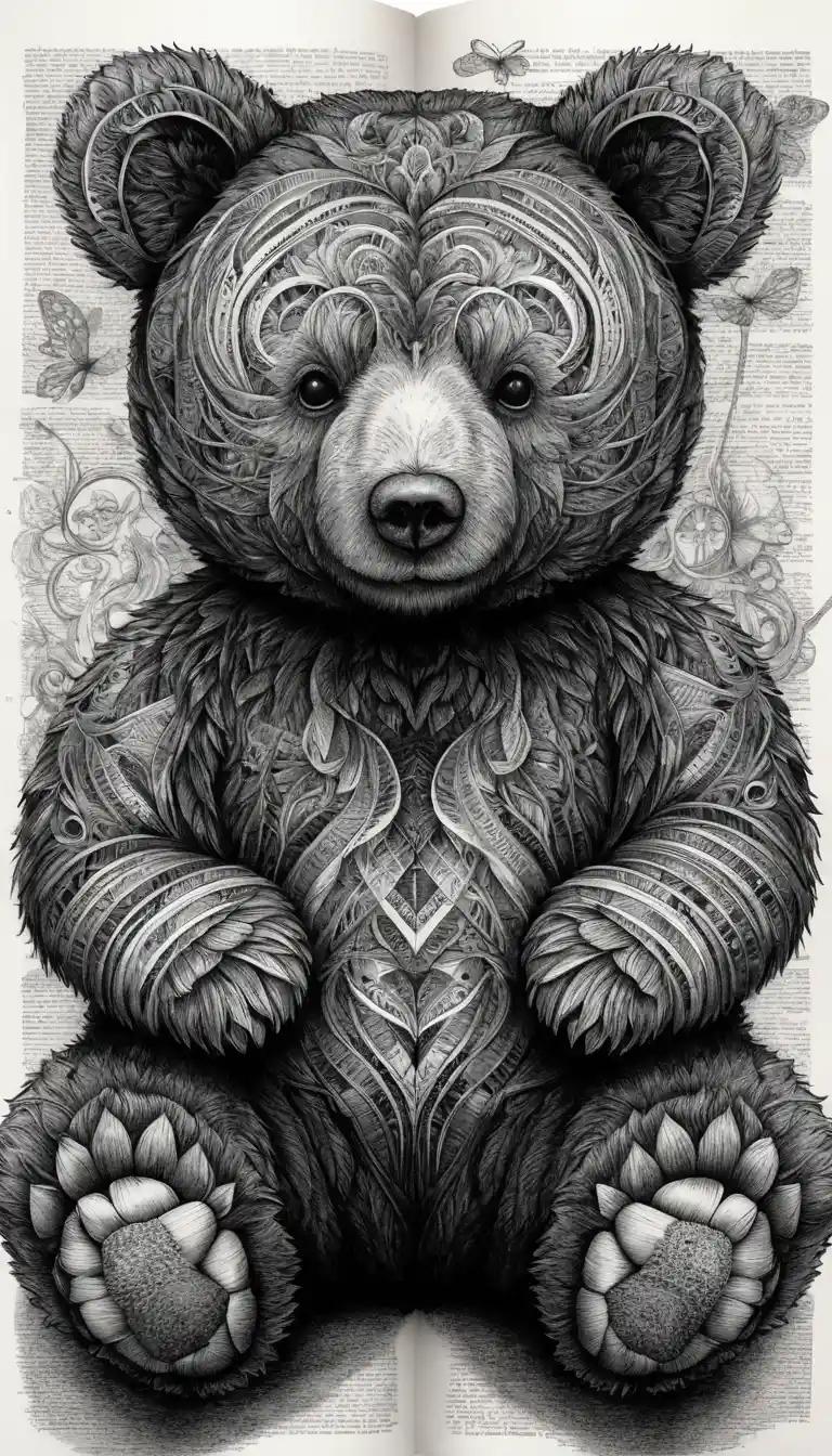 Filigraner Tinten-Teddybär aus gestapelten Buchelementen