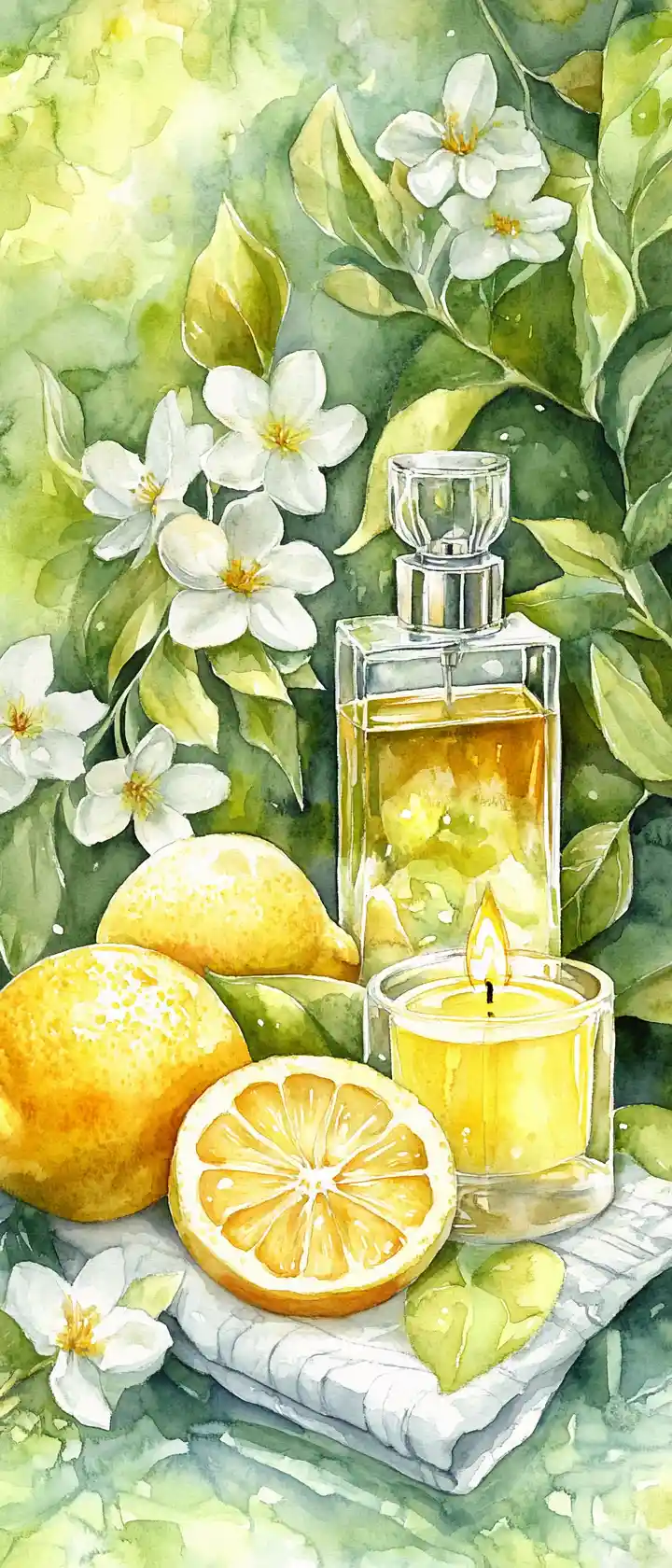 Limones en Acuarela con Flores, Vela y Botella de Perfume