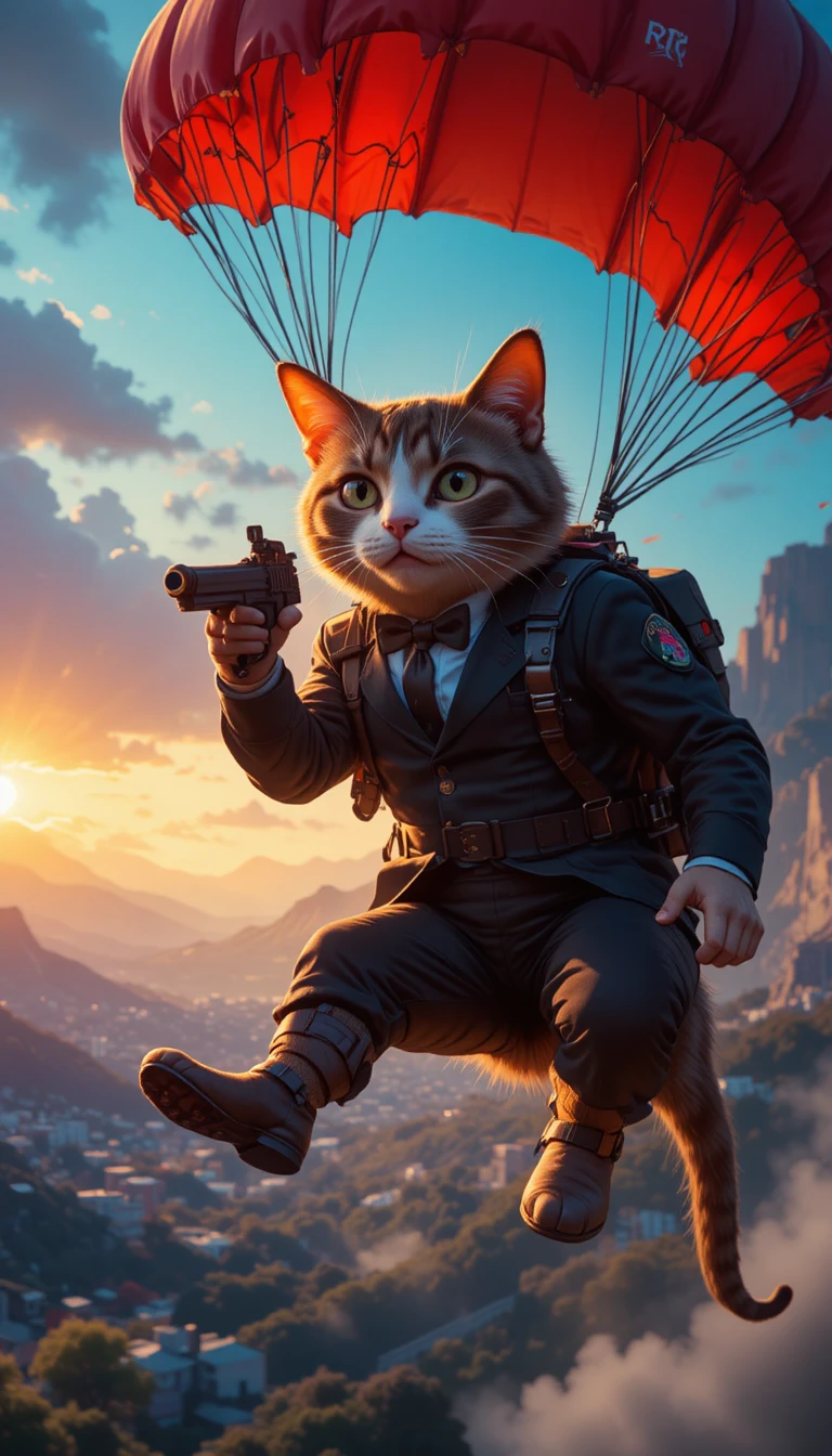 Chat avec parachute tactique descendant dans un ciel dramatique