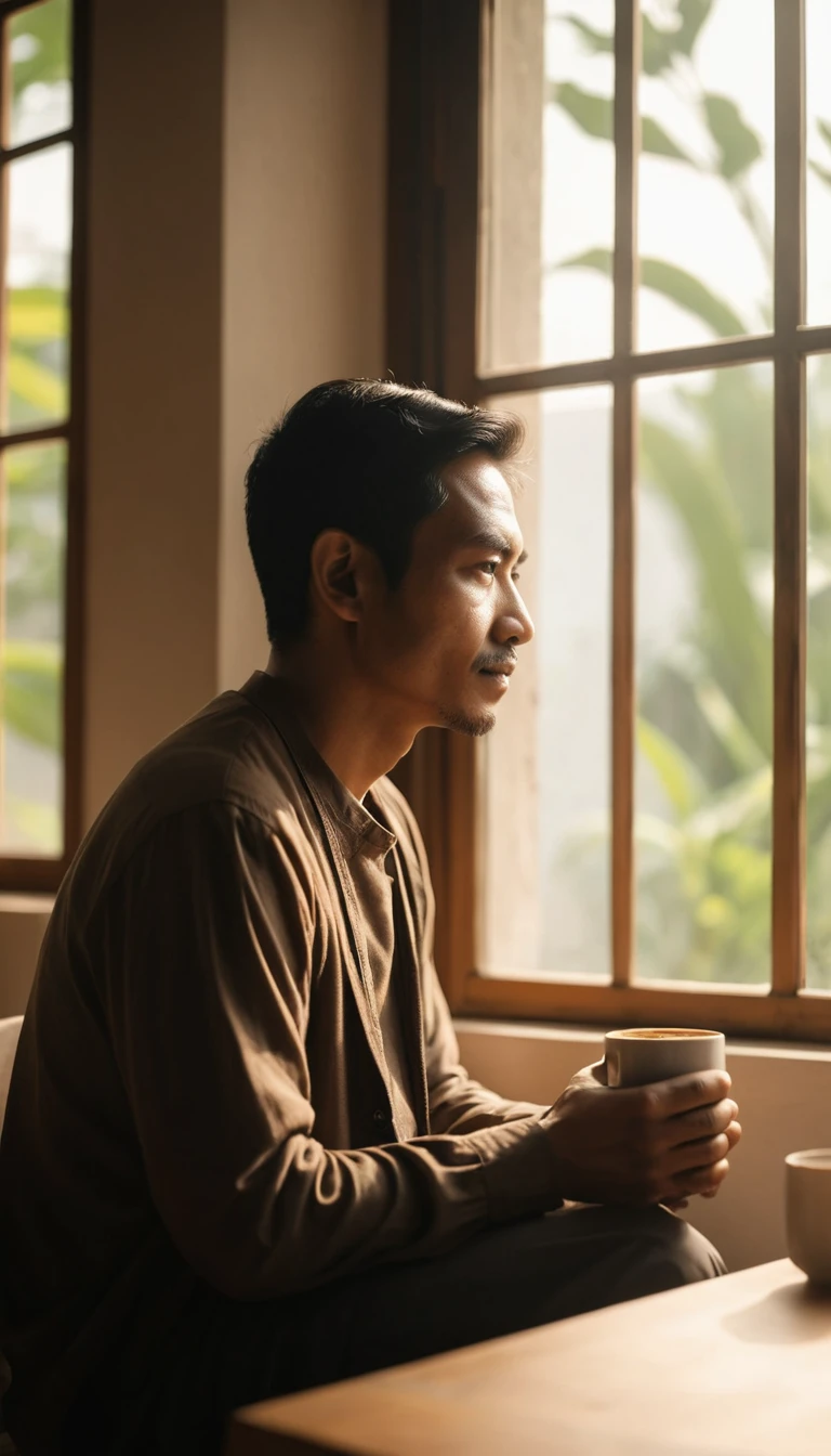 Indonesian man with morning coffee by a sunlit window