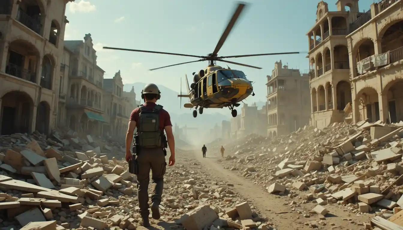 Rescue helicopter flying over earthquake ravaged California city