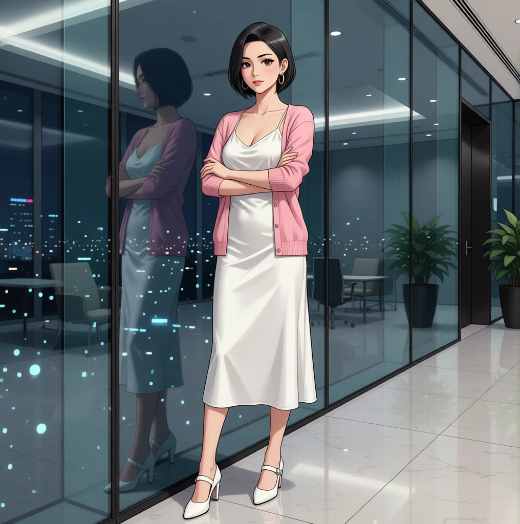Confident woman in white satin dress in modern office lobby