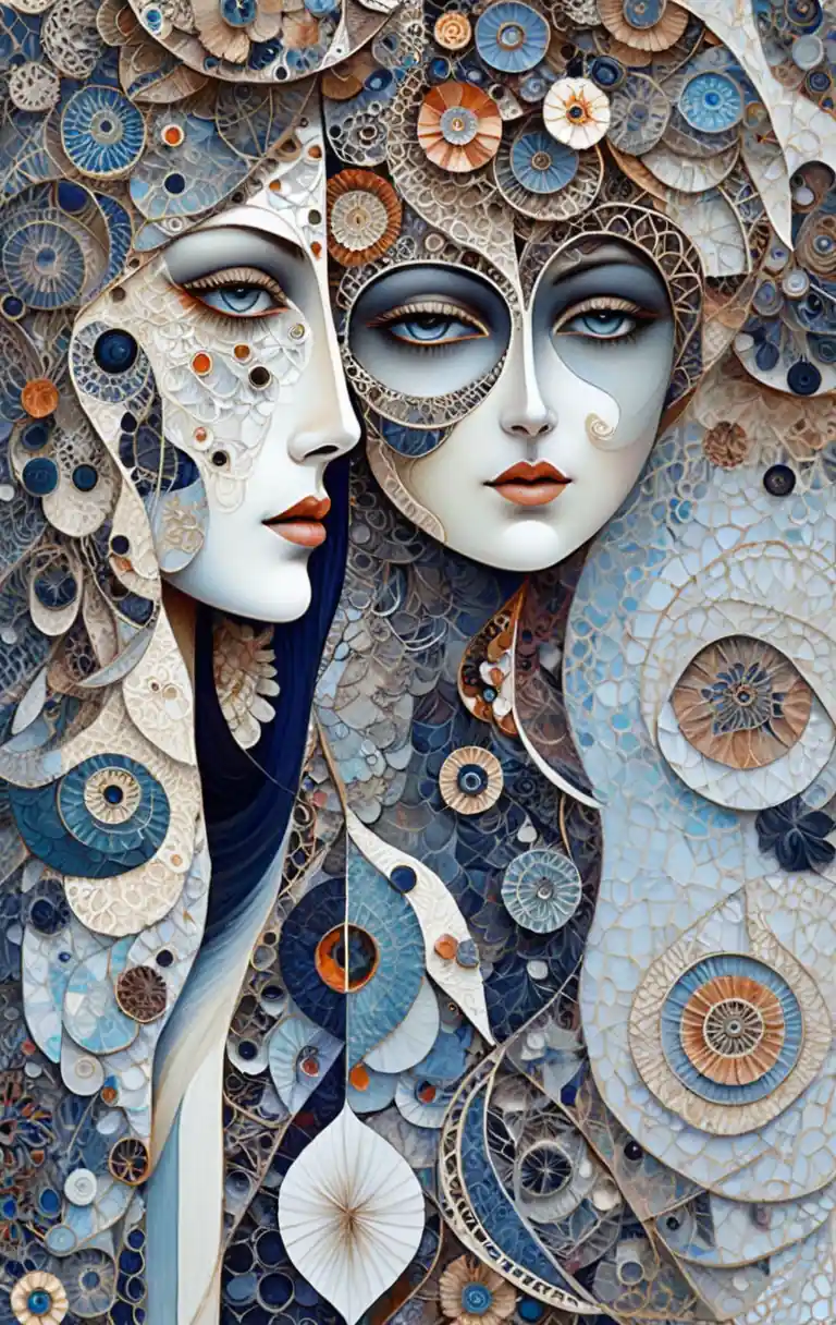 Surreal twin female profiles in blue mosaic symmetry